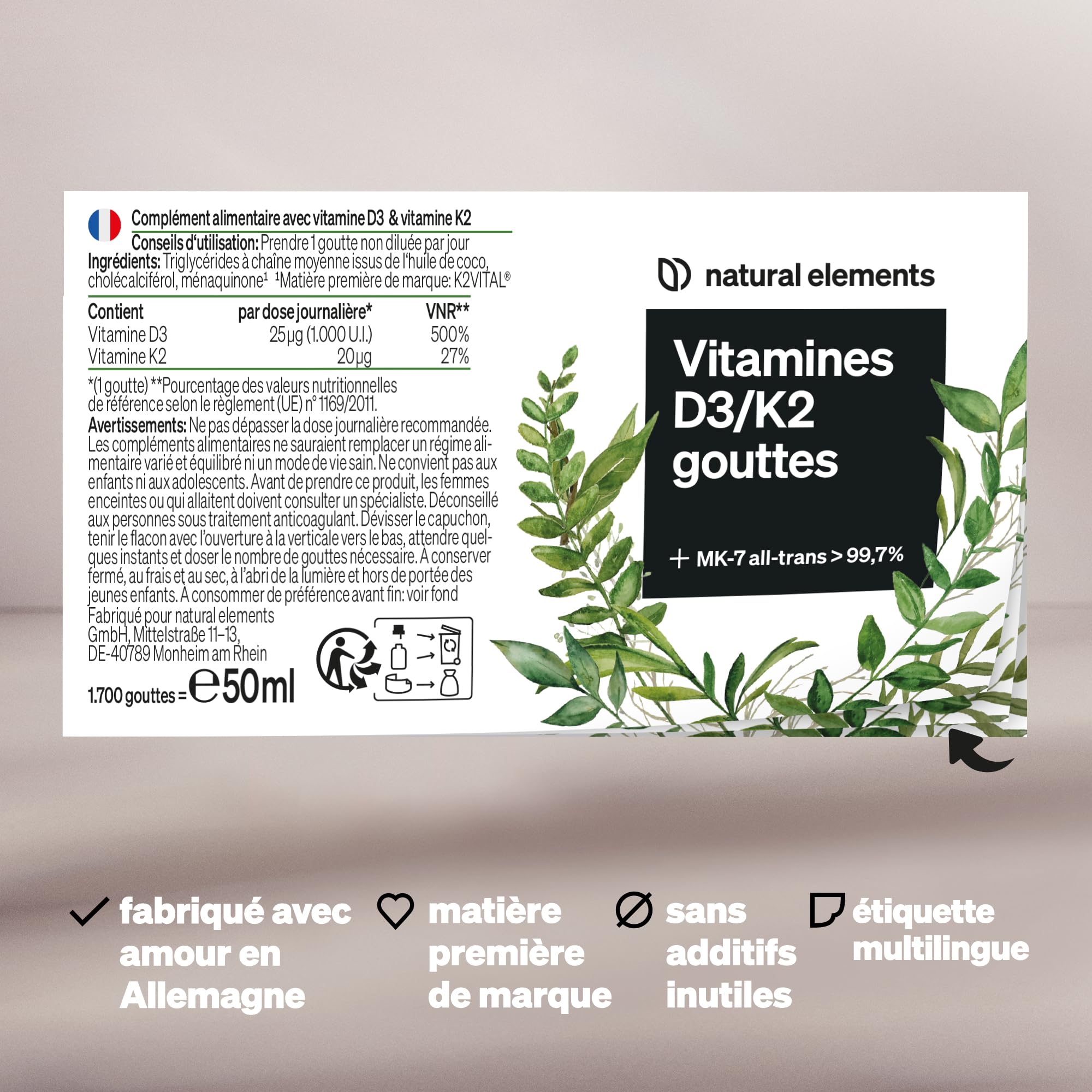 Vitamine D3 & K2 en Gouttes Premium 50 ml, Vitamine K2 99,8% All-Trans (K2VITAL® de Kappa) + Vitamine D Hautement Biodisponible, Liquide Fortement Dosée, Sans Additifs