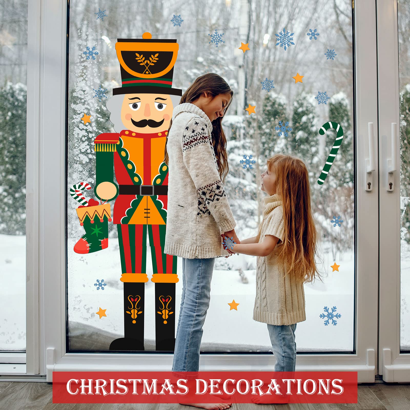Grande Décor Autocollant de Porte de Noël 59 Pouces Autocollant de Casse-Noisette avec Décalcomanie de Flocon de Neige pour Décoration de Fête Hiver Porte Fenêtre Mur Porche Réfrigérateur