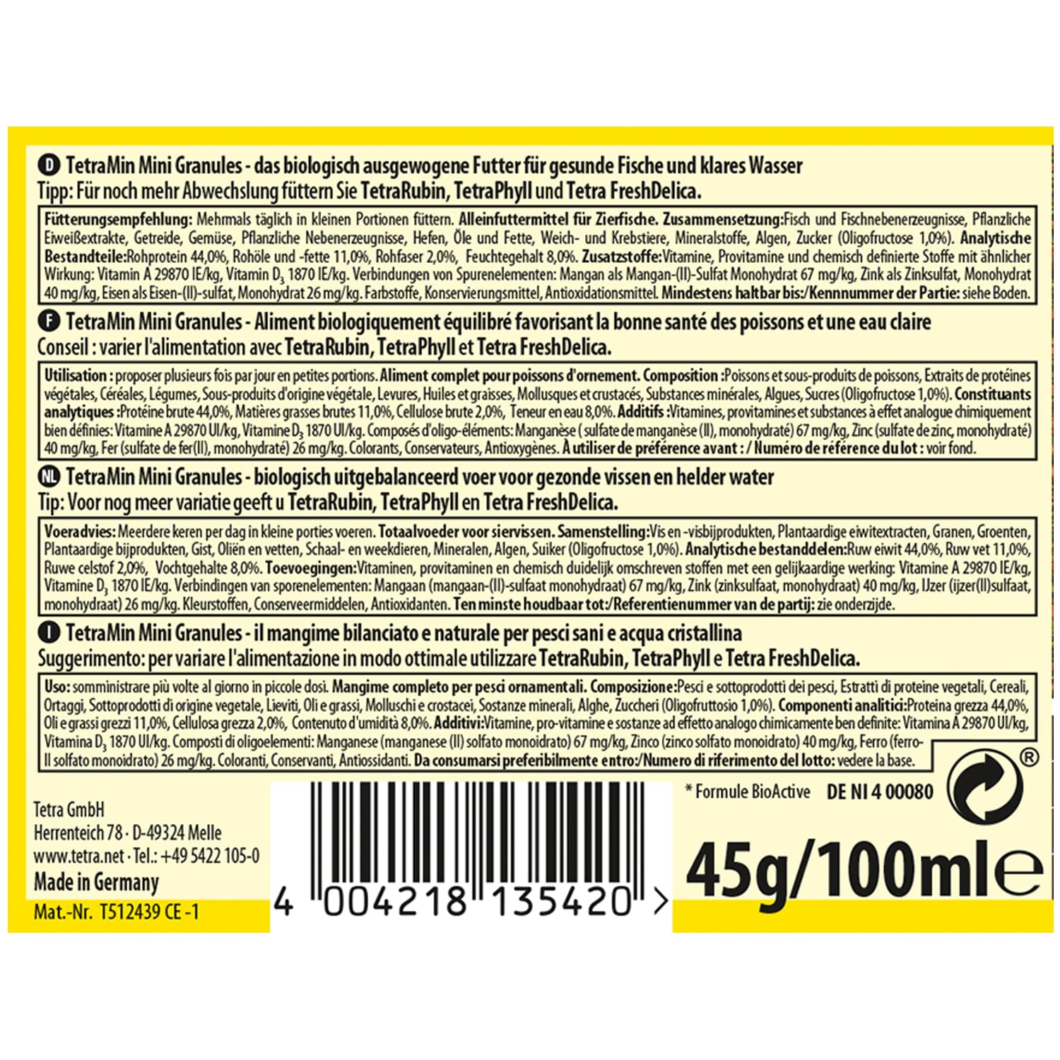 TetraMin Mini Granules - alimento en forma de gránulos de grano fino para los peces ornamentales más pequeños , mezcla equilibrada para peces sanos y agua clara, lata de 100 ml