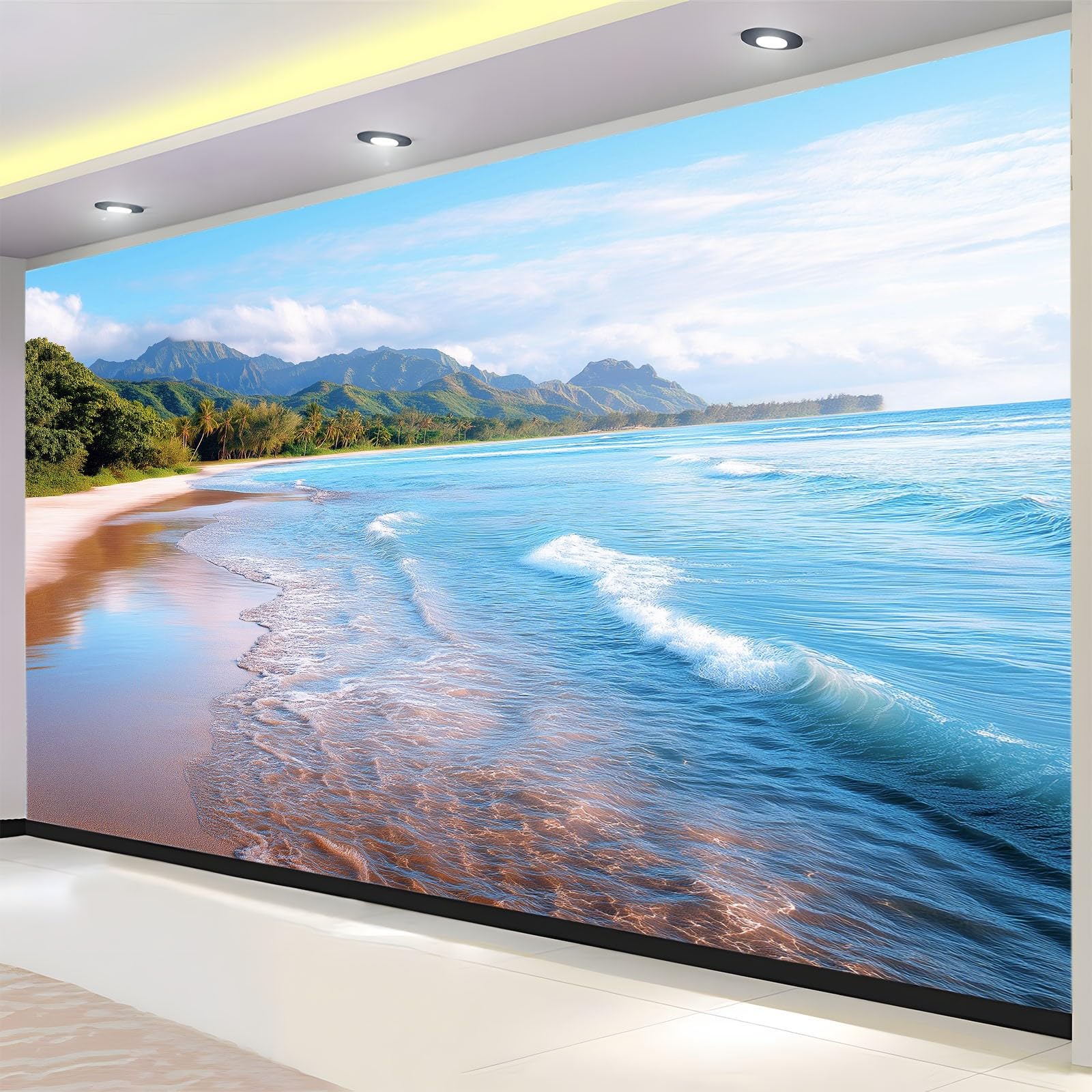Générique Panoramiczna tapeta natura wybrzeże góry mgła kokosowy gaj 3D 300 x 210 cm, włóknina XXL nowoczesna dekoracja ścienna salon sypialnia biuro pokój dziecięcy, wielokolorowa