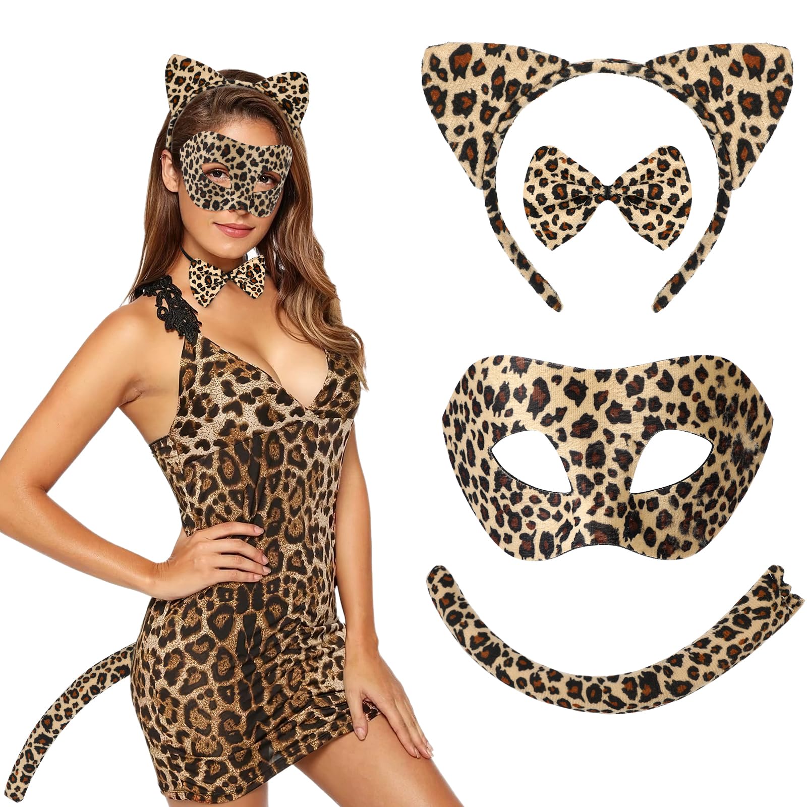 4Pz Disfraz Leopardo Mujer Niño, Diadema Orejas de Leopardo Máscara con Estampado de Leopardo Pajarita y Cola, Complementos Disfraz Animal para Halloween Carnaval Cosplay Cumpleaños Fiesta Temática