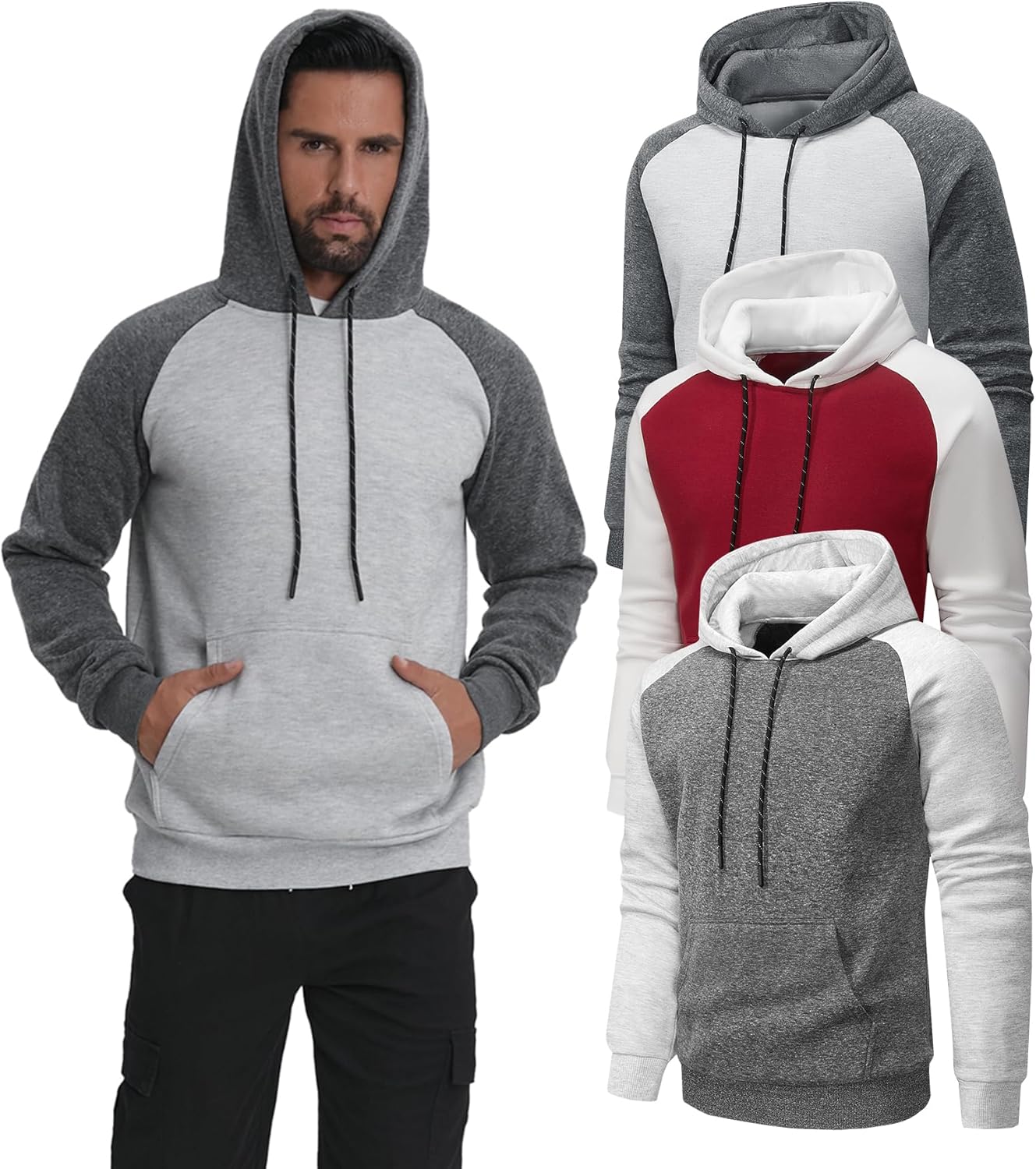 Fleece Hoodies Sweatshirts for Men,2/3 Pack Patchwork Athletic Workout Hooded Pullover With Kangaroo Pocket