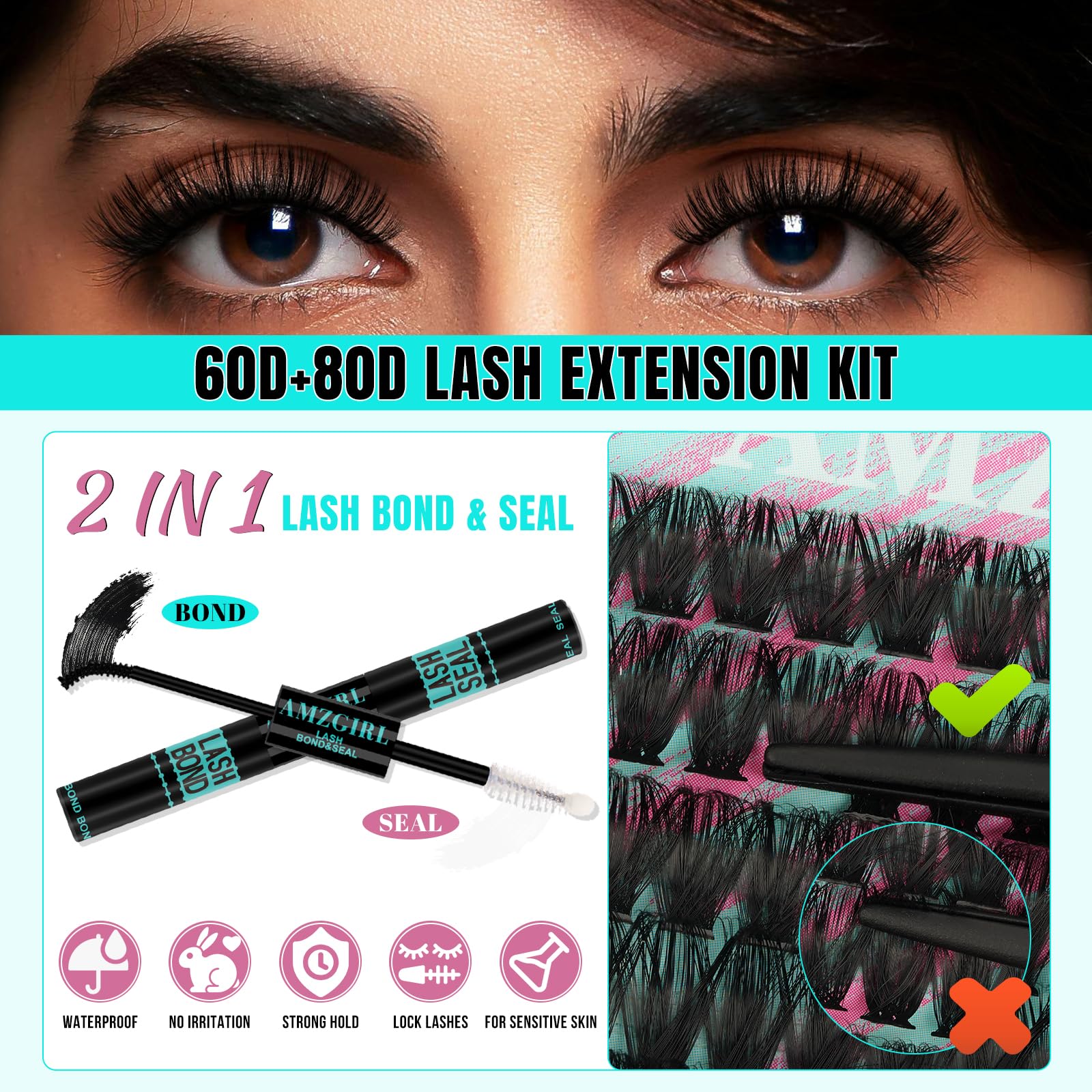Kit Ciglia Extension 320 pezzi Kit Ciglia Finte fai da te Cluster Lashes colla e sigillante per ciglia, applicatore di rimozione per ciglia per extension per ciglia (60D, D-Mix10-16mmKit)