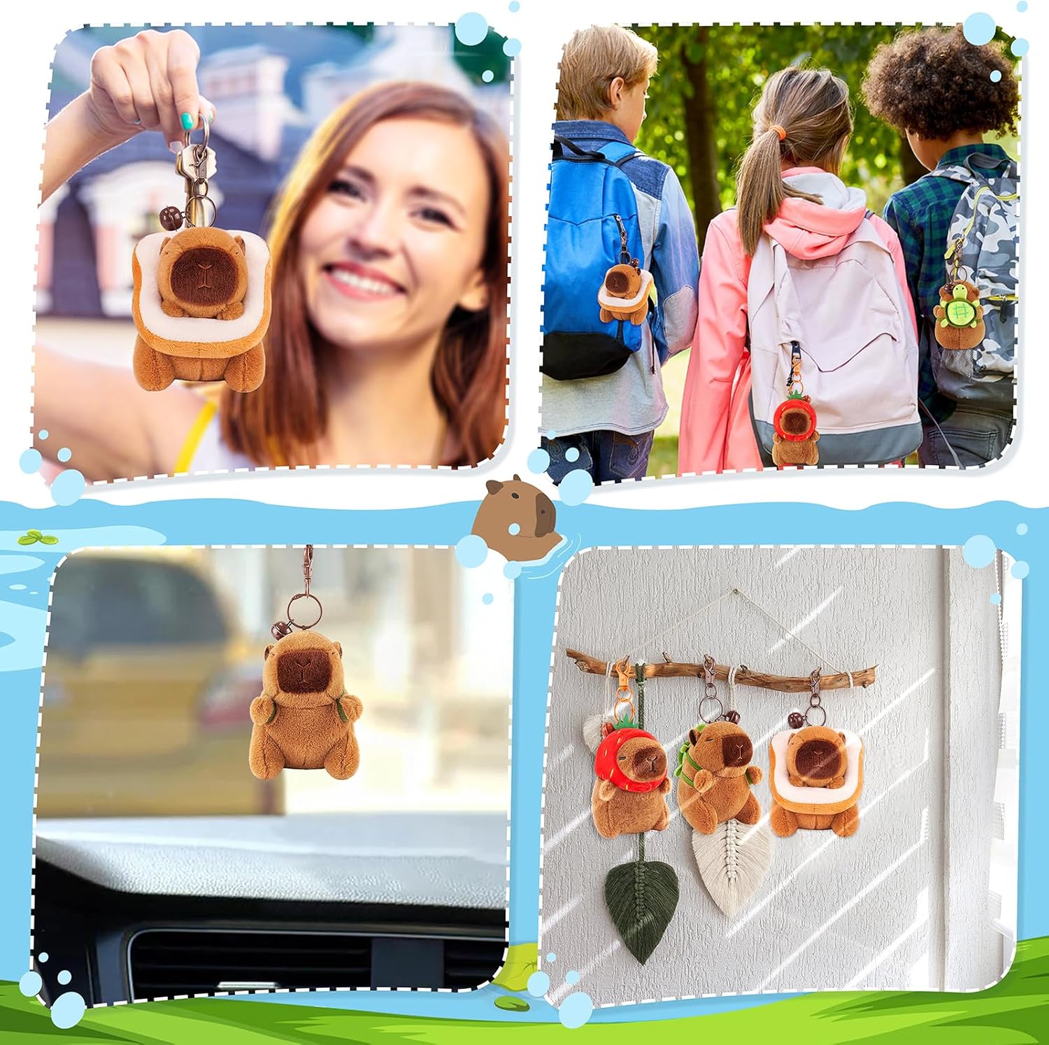 Achwishap 3PCS Capybara Plush Keychain,Cute Keychain Capybara Stuffed Animal,Capybara Plush Toys Key Chain,Kawaii Plushie Stuffed Toys for Kids Adults Birthday Gifts(Turtle,Strawberry Hat,Bread) - Image 7