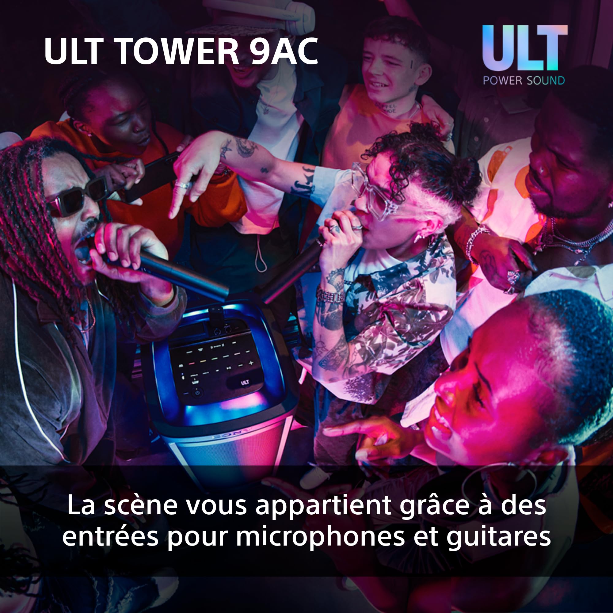 Sony ULT Tower 9AC - Enceinte Bluetooth Party Box Ultimate, Alimentation Secteur, 2 Modes ULT Power Sound, X-Balanced Speaker, 360° Lighting & Sound, entrées pour Karaoke - Noir