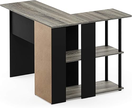 Miniatura 88 de Furinno Abbott - Escritorio para computadora en forma de L con estantería de tubos de acero inoxidable, americano/cromado 2-Roble