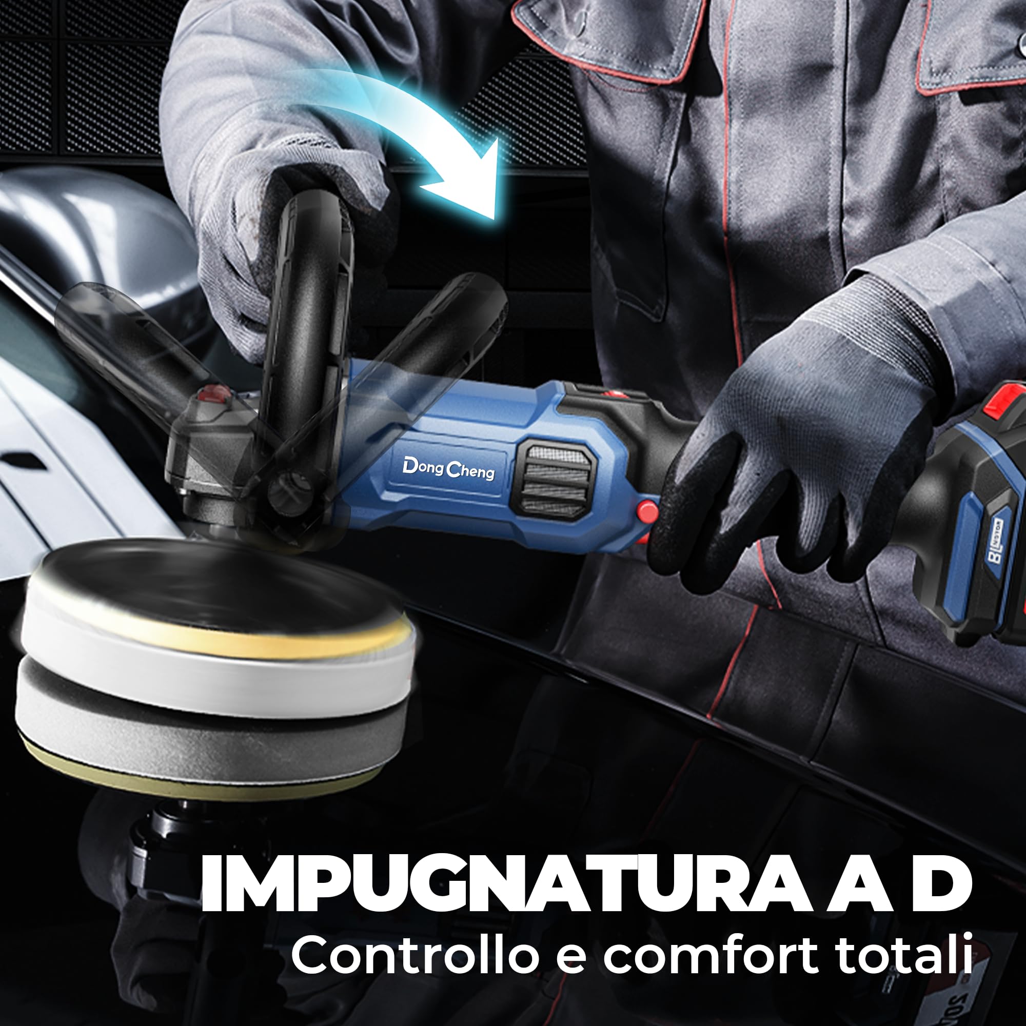 Dong Cheng Lucidatrice Senza Spazzole 150mm con Batteria 4,0 Ah, Impugnatura a D, Avvio Graduale, Stabilizzazione Elettronica della Velocità, Caricabatterie – Ideale per Auto, Barca, Mobili