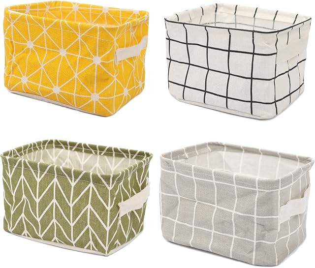 MNEUSHOP 4 Packs Small Storage Baskets Foldable and Waterproof Household Organizer Square Mini Storage Box with Handles for Bedrooms, Toys, Study Rooms, Lounges, Makeup