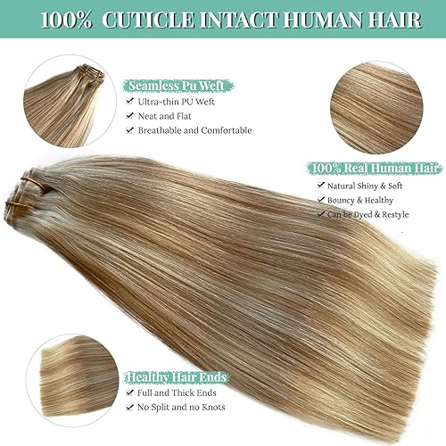 Miniatura 4 de Ubetta - Extensiones de cabello humano con clip, sin costuras, color rubio caramelo, balayage, extensiones de cabello humano real con clip, 7