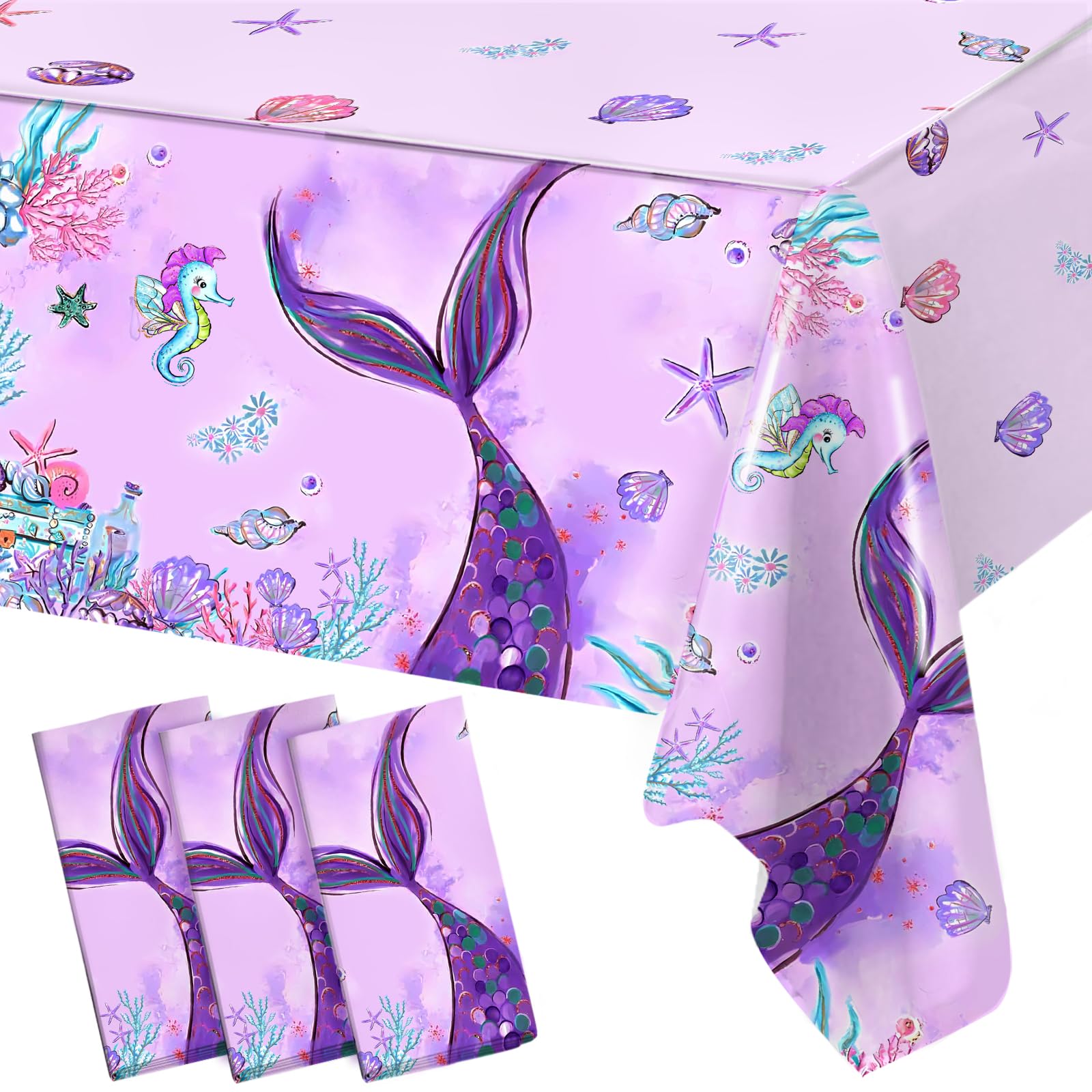 3Pcs Mermaid Tablecloth Birthday Decorations,Purple Disposable Plastic Table Cover for Princess Girls Baby Shower Decorations,Little Mermaid Themed,
