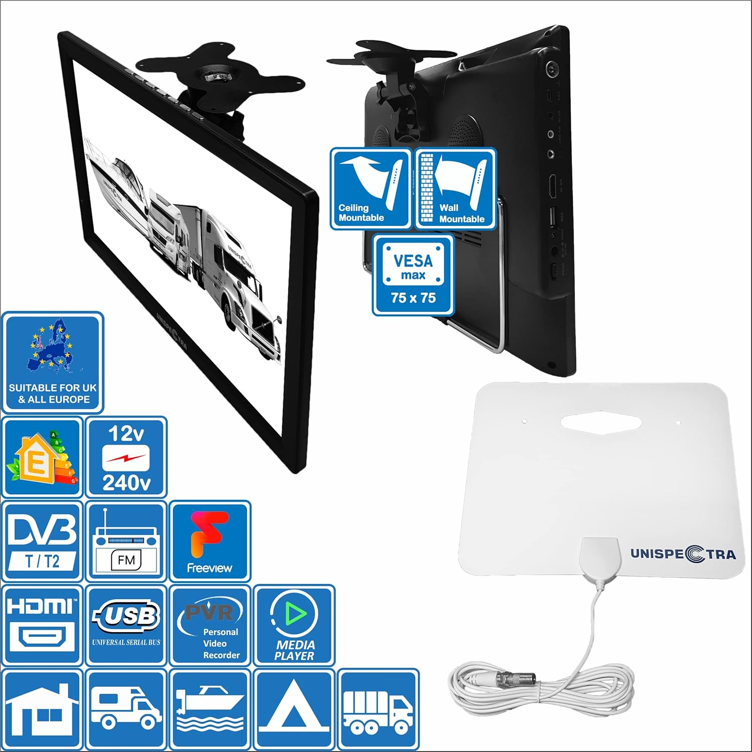 Unispectra 16" TV 12V - 240V HD LED Digital DVB-T/T2 (Freeview) TV, FM Tuner, USB PVR & Media Player, HDMI, 3.5mm AV In/Out. Ideal for Home, MotorHome, Boat, Caravan, Camping or Truck 8 816l4gnX9PL. AC SL1500