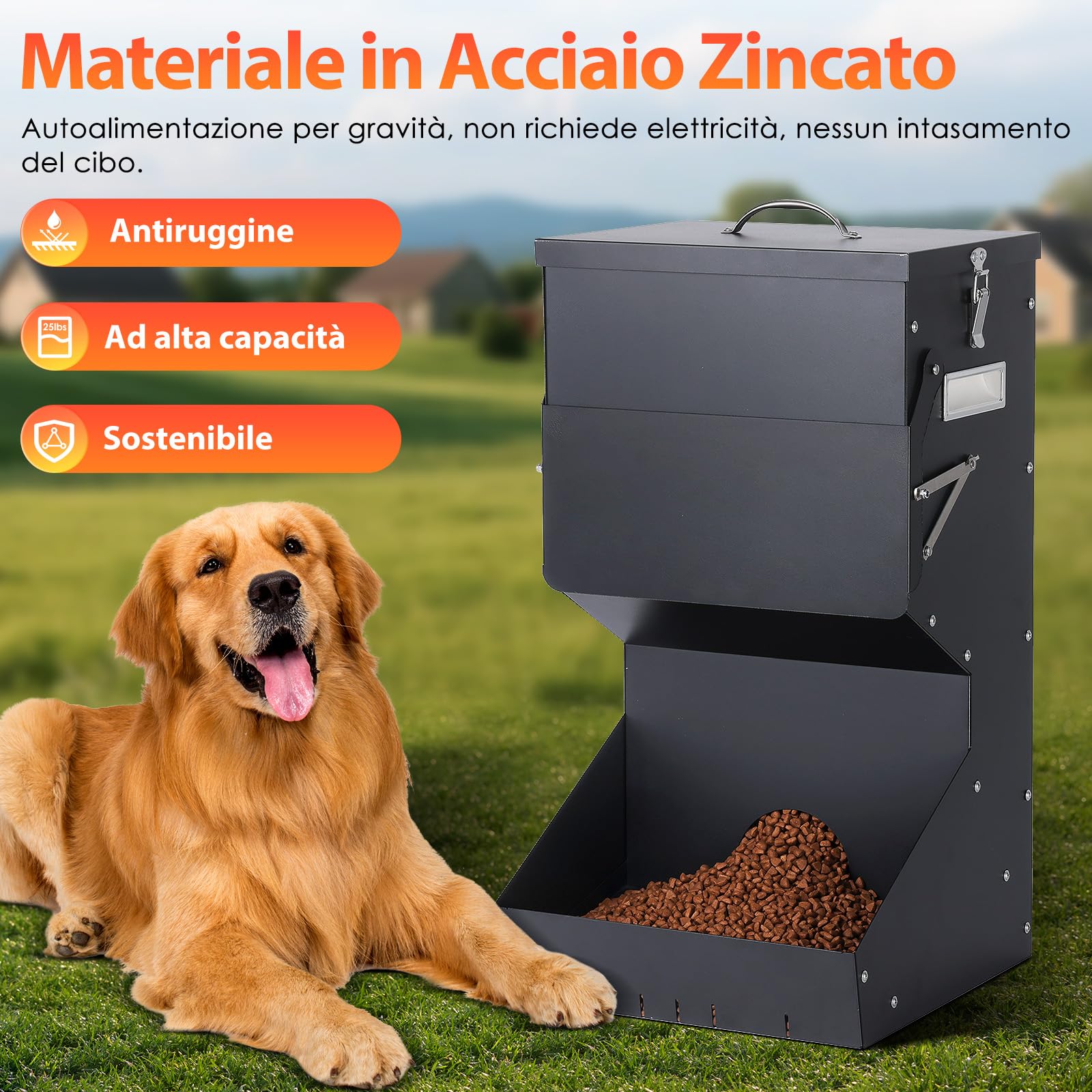 Alimentazione Automatica per Cani all'aperto appeso cibo per animali domestici di razza grande 11kg, mangiatoia automatica per cani in metallo auto-alimentazione cibo per cani