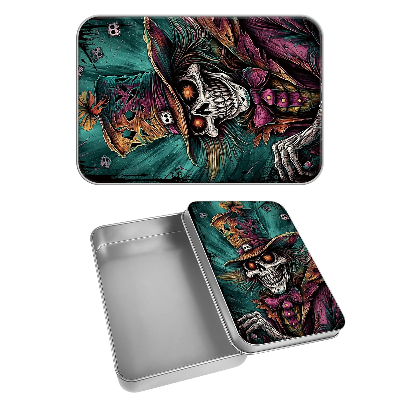 Rectangular Metal Tin Box with Removable Lid, Skeleton Pal Decorative Printed Metal Storage Container for Cards, Diaries, Home Organization 4.53 x 3.35 x 0.86 inch– Single Pack