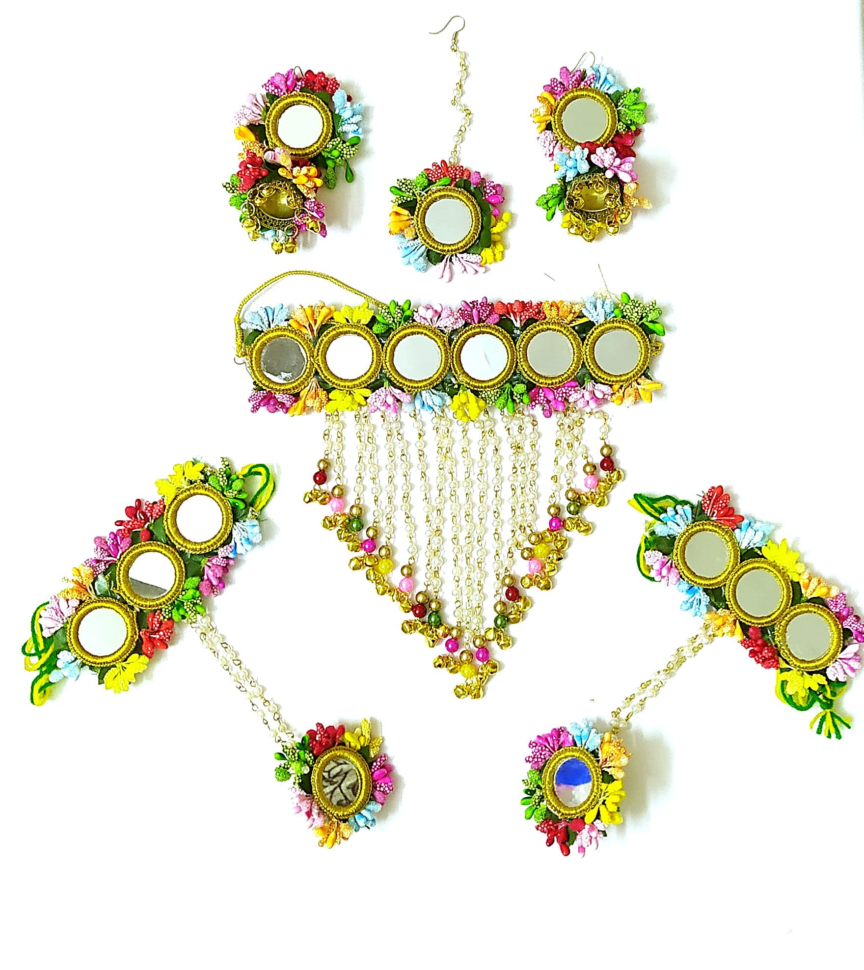 brand name Womens Artificial Flower Mirror Jewellery Set For Bride Haldi Mehandi Wedding & other Function (Multicolour) (B09R4RM4C6) Amazon Price History, Amazon Price Tracker