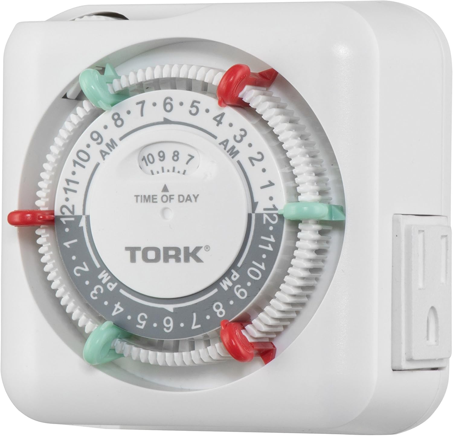 NSi Industries TORK RTN312 Indoor 15-Amp Plug-in Heavy Duty Mechanical Appliance Timer 24-Hour Programming – GREEN & RED Trippers TWO Receptacles White - - 