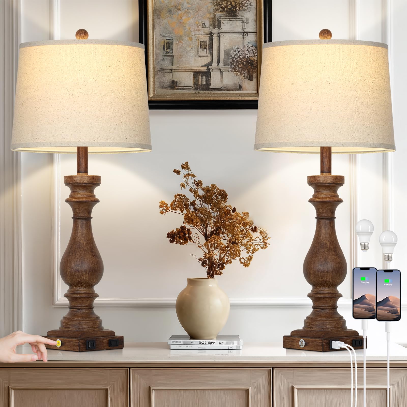 Photo 1 of Cinkeda 29" Tall Farmhouse Table Lamp for Living Room Set of 2,Vintage Retro Nightstand Lamps with USB C+A Ports & AC Outlet,3-Way Dimmable Touch Bedside Lamp for Bedroom Side Table,Brown