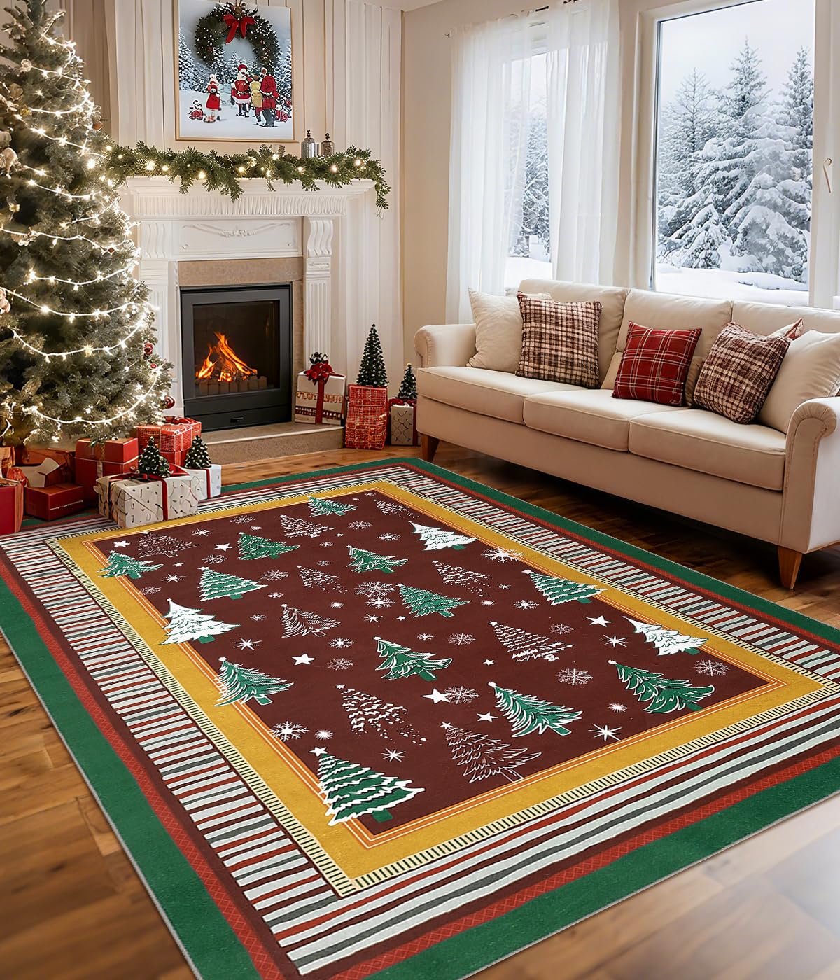 garveehome christmas rug for living room, 8x10 area rugs for bedroom with soft low pile, christmas tree and snowflake print washable rug for dining room, stain resistant office playroom red carpet