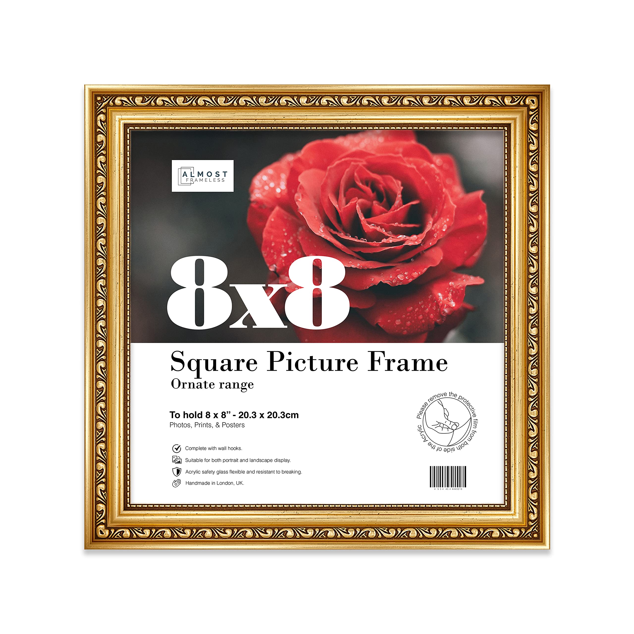 8x8 Gold Ornate Picture Frame 8"x8" (20.3x20.3cm) Poster, Photo, Artwork, or Print. Baroque Style Portrait and Landscape Display with Wall Hooks