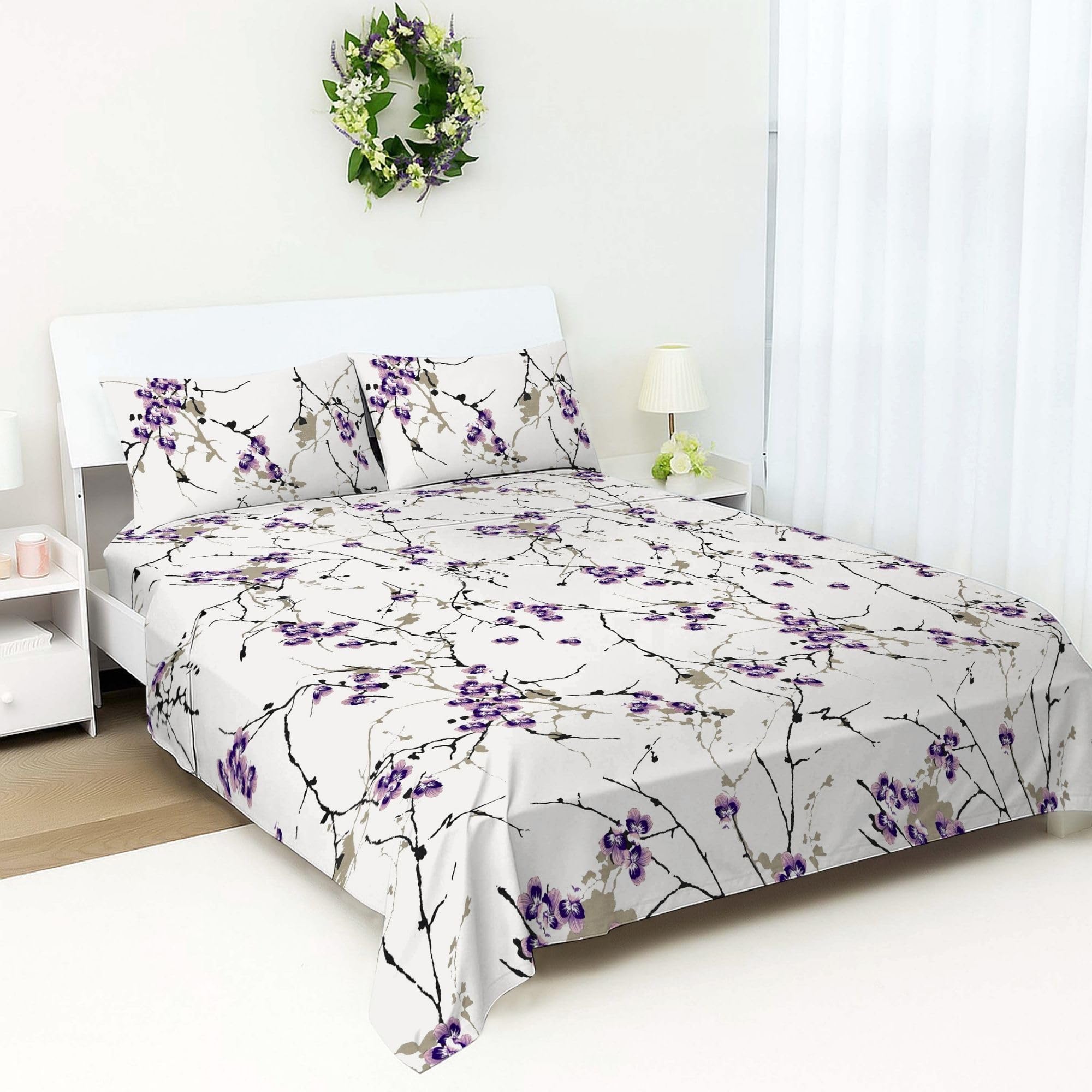 100% Egyptian Cotton Flat Sheet Double Bed 400 Thread Count Luxury Cooling Breathable Floral Printed Top Sheet – Soft Premium Hotel Quality Bed Sheet (230 x 250 cm)
