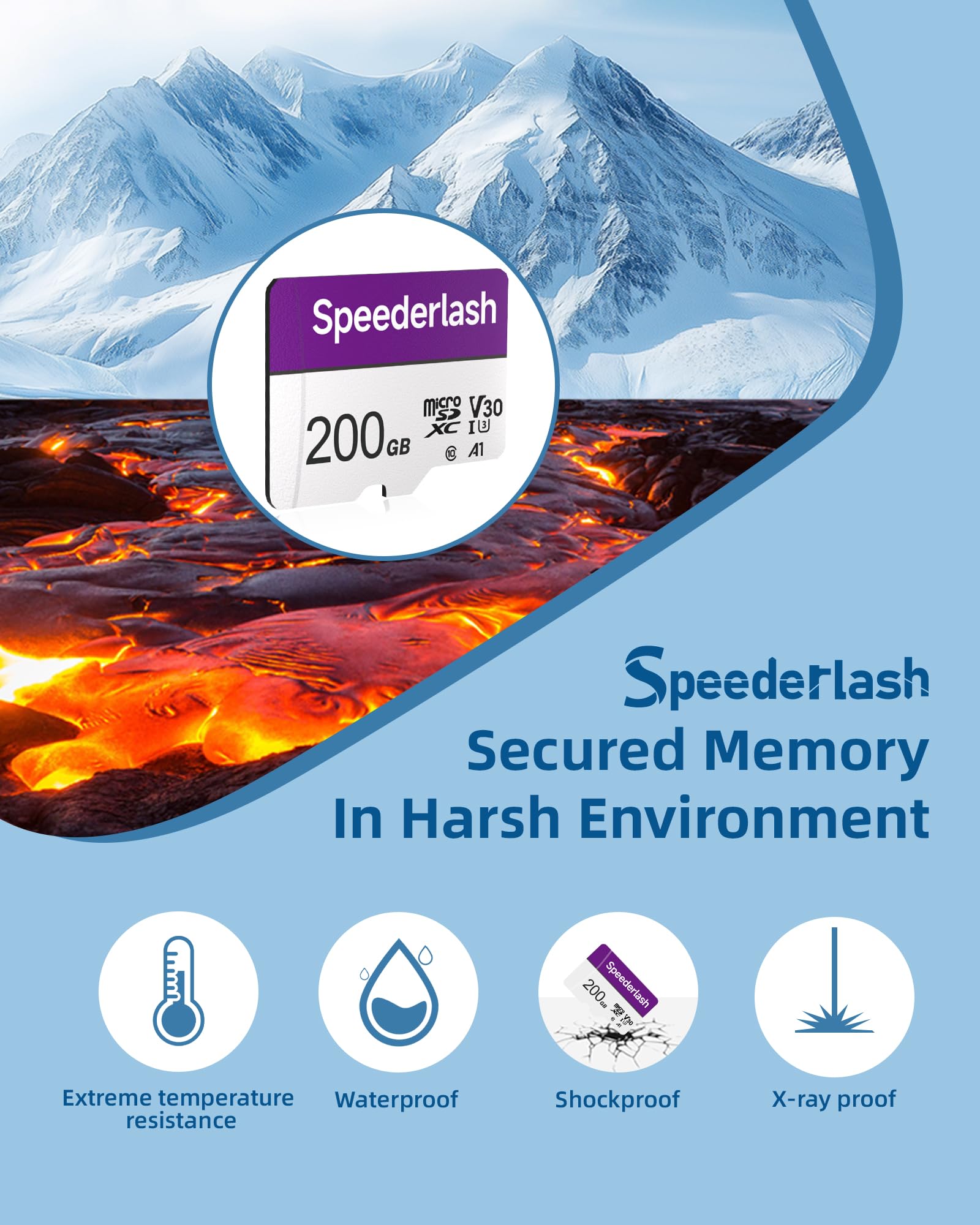 Speederlash Carte Micro SD 200 Go avec adaptateur, A1, U3, vitesse de lecture jusqu'à 95 Mo/s, carte mémoire haute vitesse pour caméras, drones, smartphone, tablette