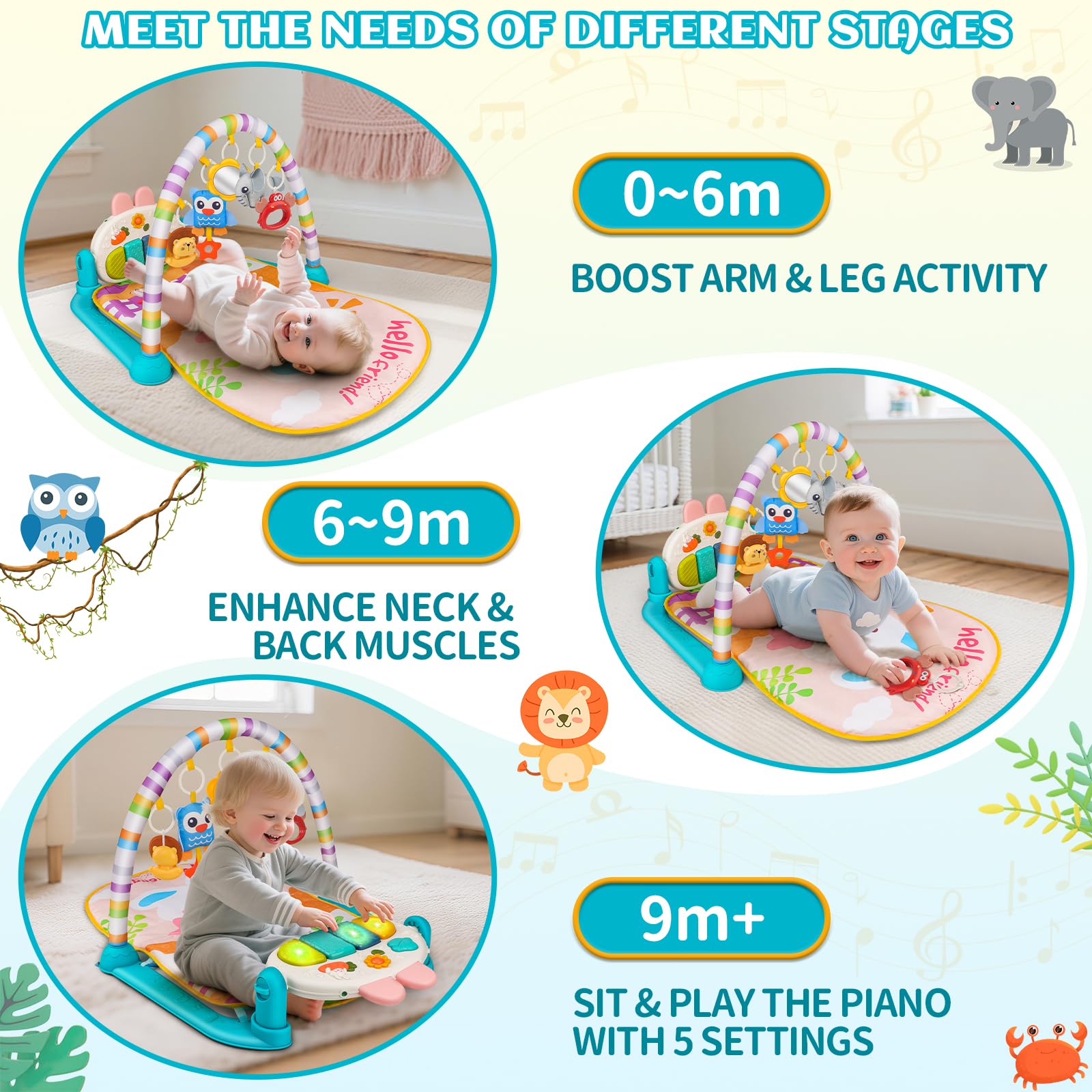 Nicknack Palestrina Neonato con Pianoforte Musicale, Palestra Attività per Tummy Time e Giochi Sensoriali, Tappeto Gioco Neonato per Bambini 0-6 Mesi / 6-12 Mesi, Regalo Neonato Maschio, Femmina