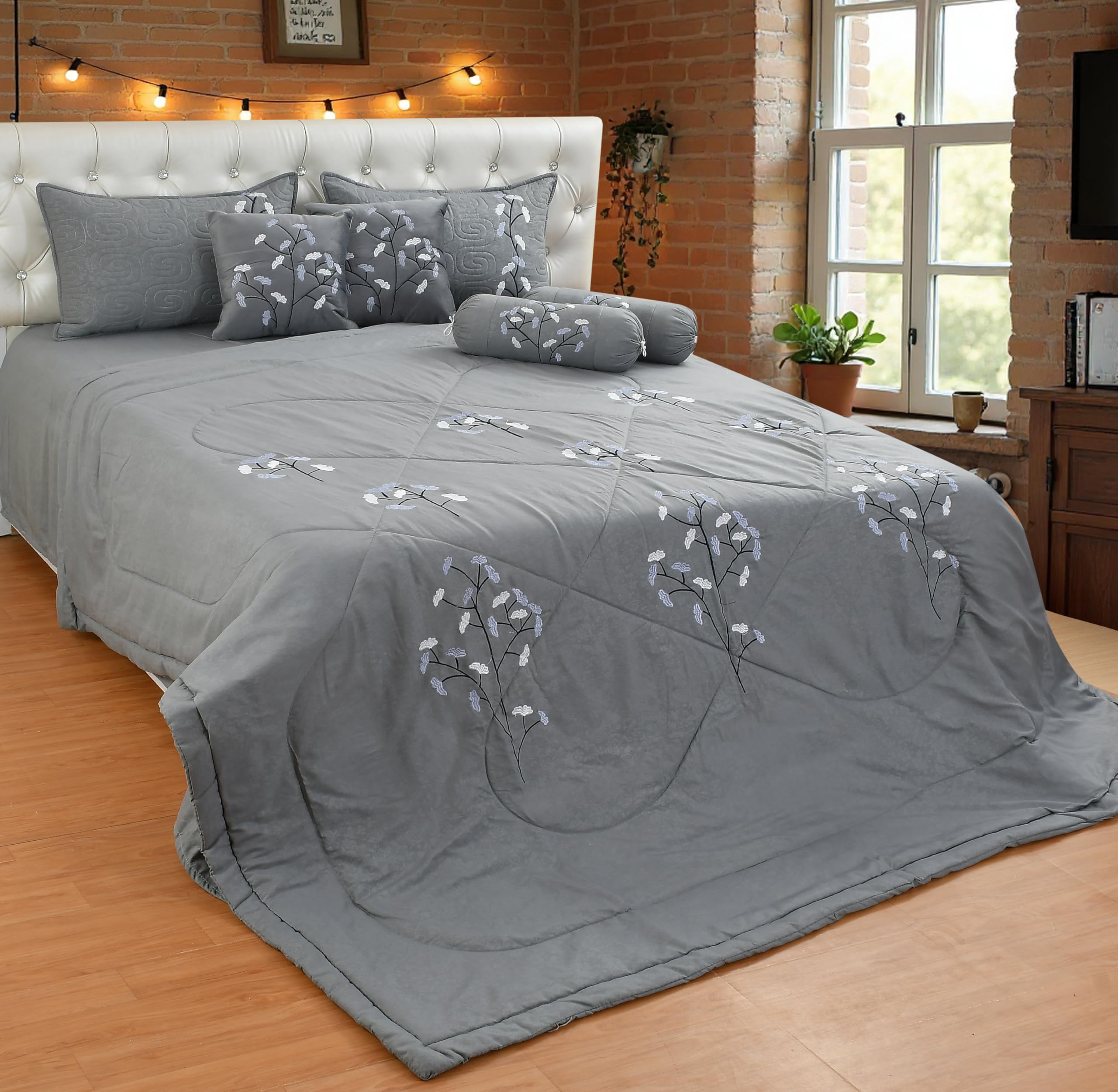Heavy Glace Cotton Double King Sized Bedding Set (1 Quilt, 1 Double Bed Sheet, 2 Pillow Covers, 2 Filled Cushions, 2 Filled Bolster,(8 Piece Set),Size:90x100 inch-Multicolor)-image-40