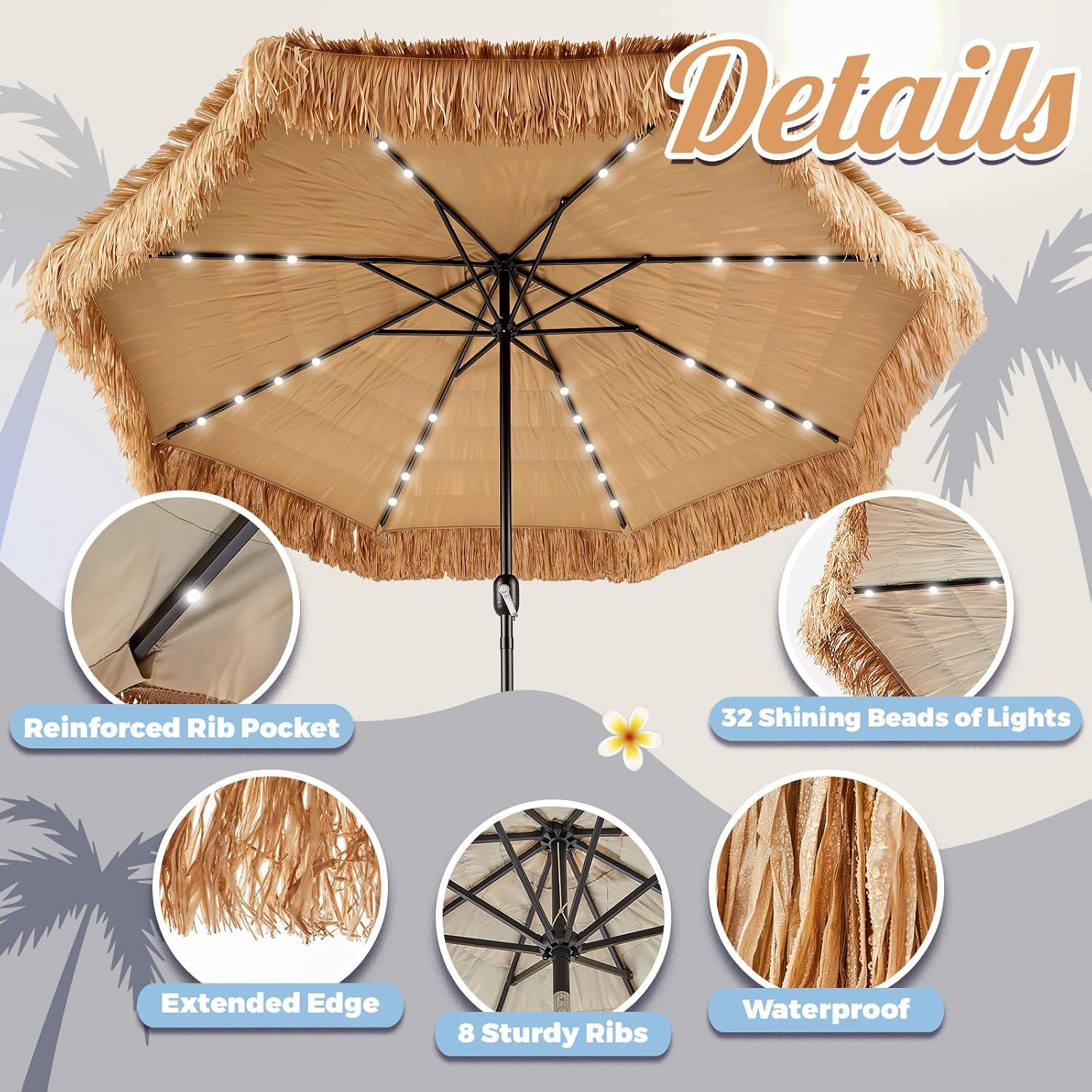 CroBlissful 10 ft Solar Tiki Umbrella with 32 LED Lights, Hula Thatched Patio Umbrella, UPF 50+, Hawaiian Style Beach Umbrellas for Garden, Beach, Pool, and Backyard