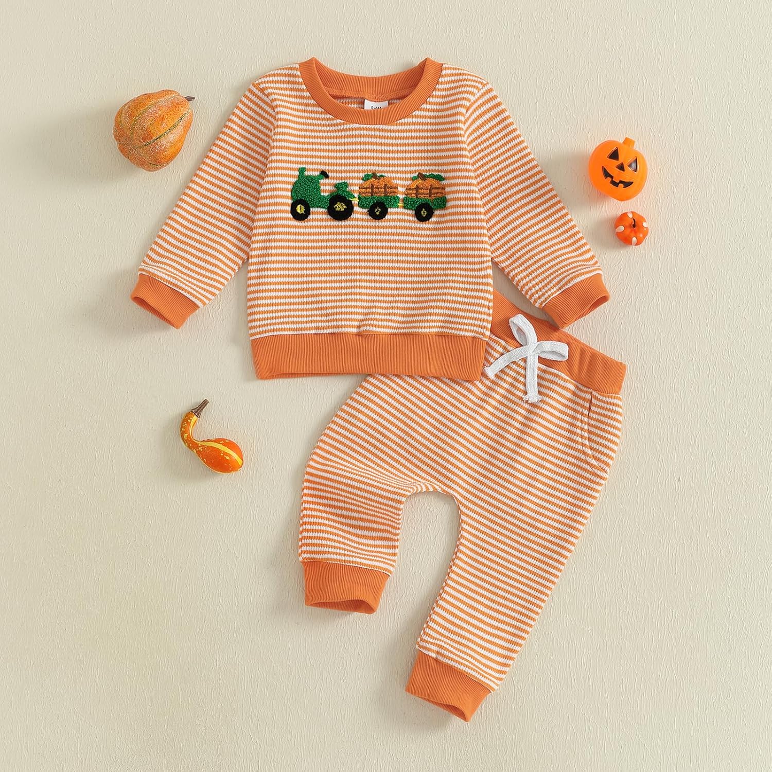 Toddler Baby Boy Halloween Outfit Long Sleeve Pumpkin Tractor Embroidered Stripe Waffle Knit Sweatshirt and Pants Set - Image 5