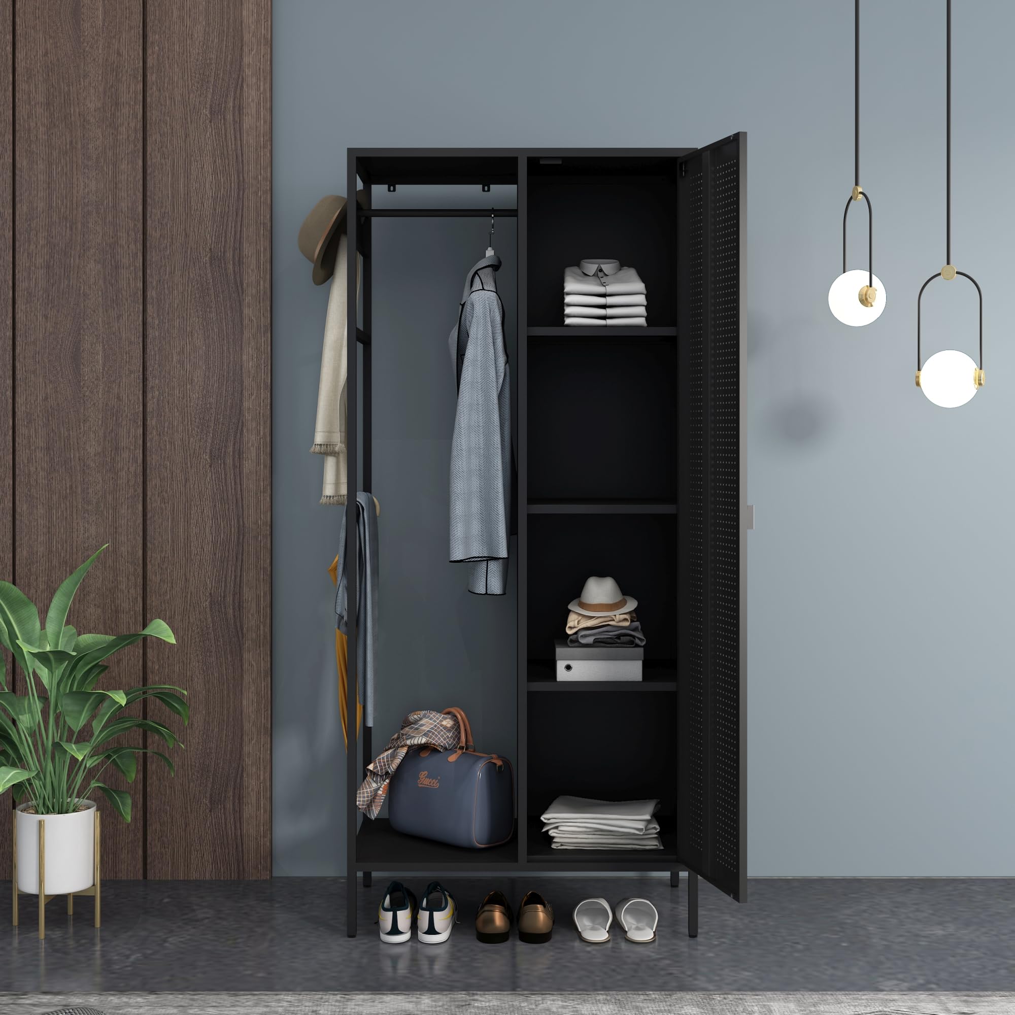 [en.casa] Szafa na ubrania Puumala 180 x 80 x 45 cm, szafa do sypialni, metalowa szafka z 4 półkami i 1 drążkiem na ubrania, metalowa, czarna