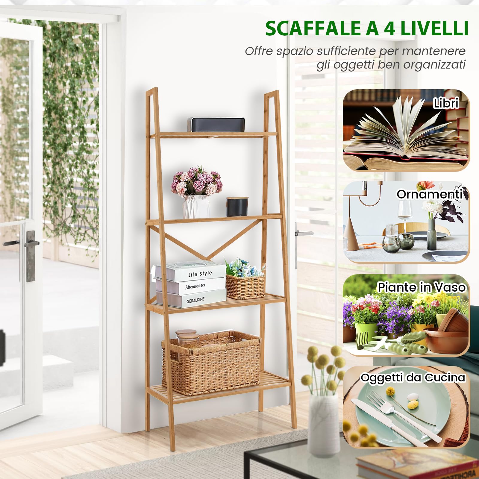 COSTWAY Scaffale a Scala in Bambù a 4 Piani, Supporto Multifunzionale per Piante con Dispositivo Anti-Ribaltamento, Ideale per Terrazza, Giardino, Balcone