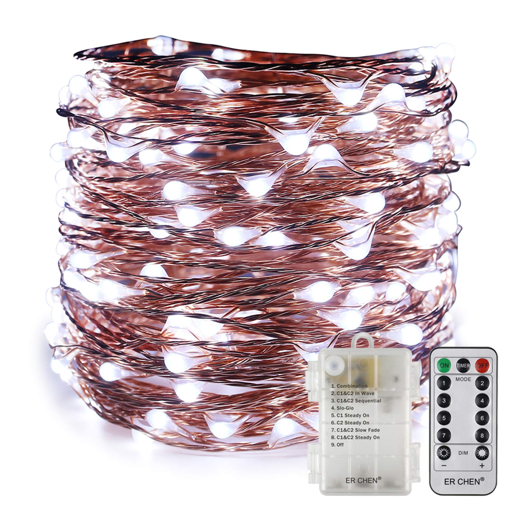 ER CHEN Battery Operated Fairy Lights, Waterproof 8 Modes 100 LED String Lights 33 ft Copper Wire le Firefly Lights with Remote Timer for Indoor Outdoor Decor (White)