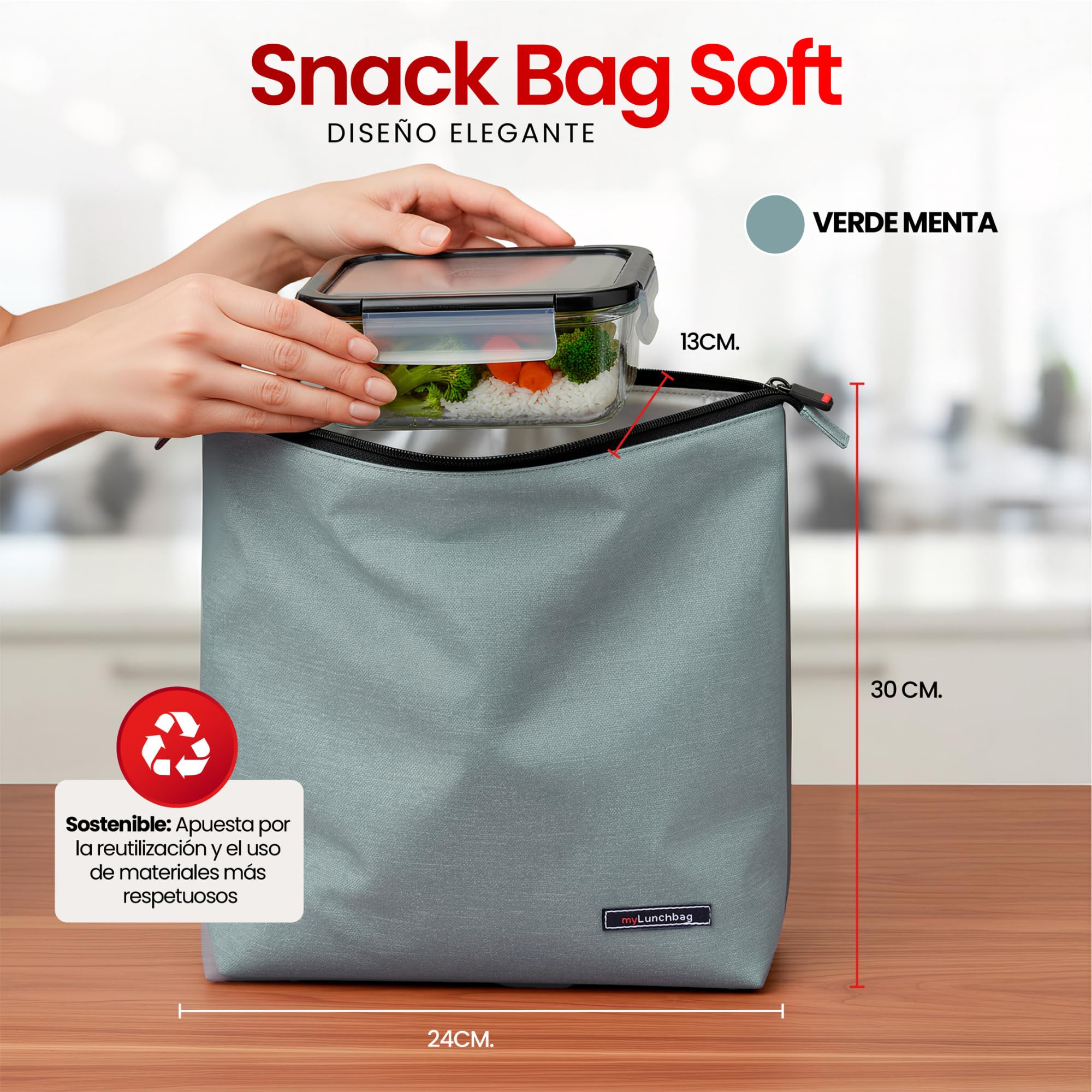 Iris Barcelona - Snack Bag Plegable 2,75 L - Bolsa Térmica Porta Alimentos Compacta 24x13x30 cm con Goma Ajustable para Bocadillo, Fiambrera, Merienda | Lunch Bag Ideal para Trabajo y Viajes | Mint — view 5