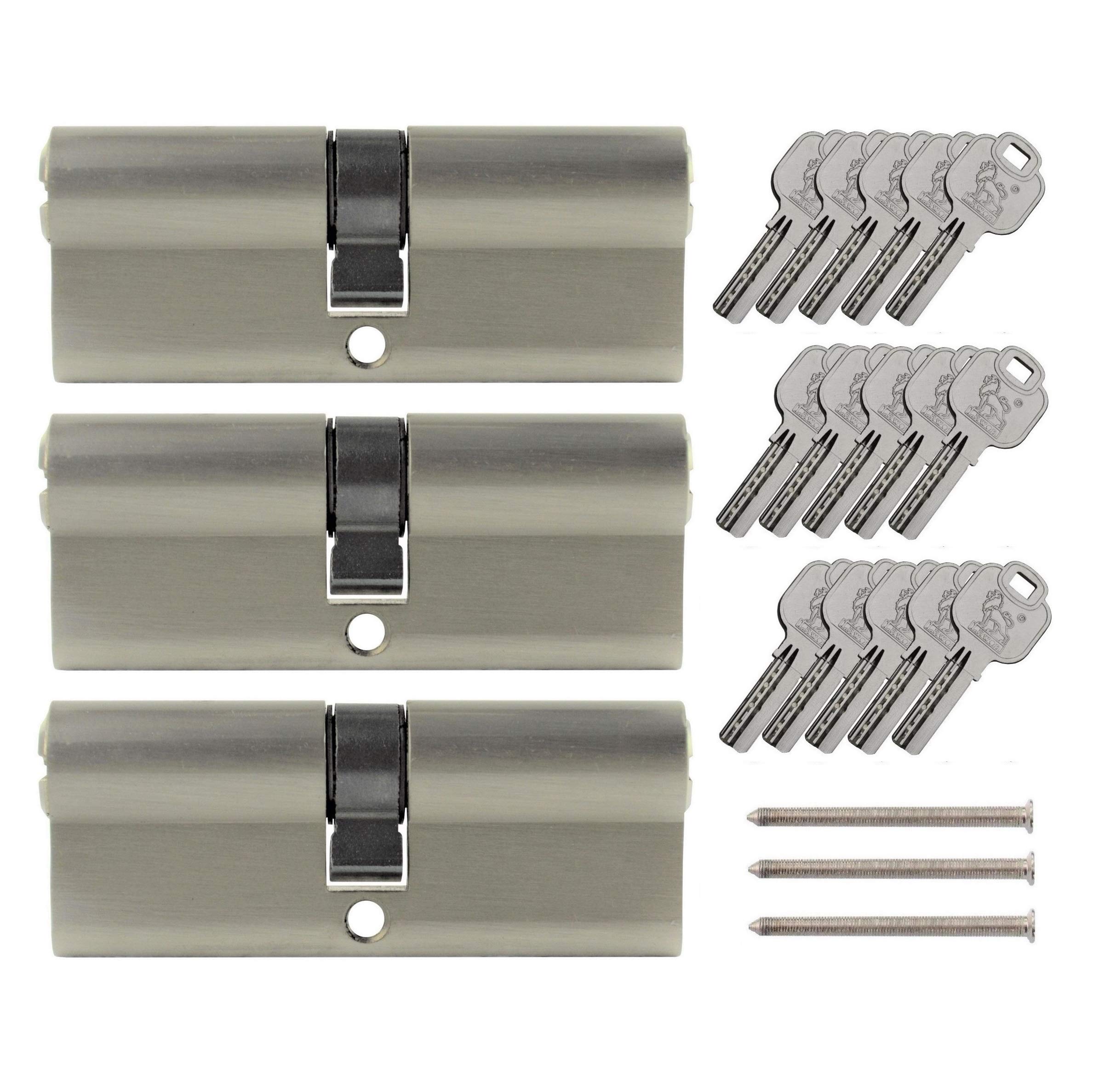 Lot de 3 cylindres profilés 80 mm 40/40 à fermeture identique avec 15 clés double cylindre