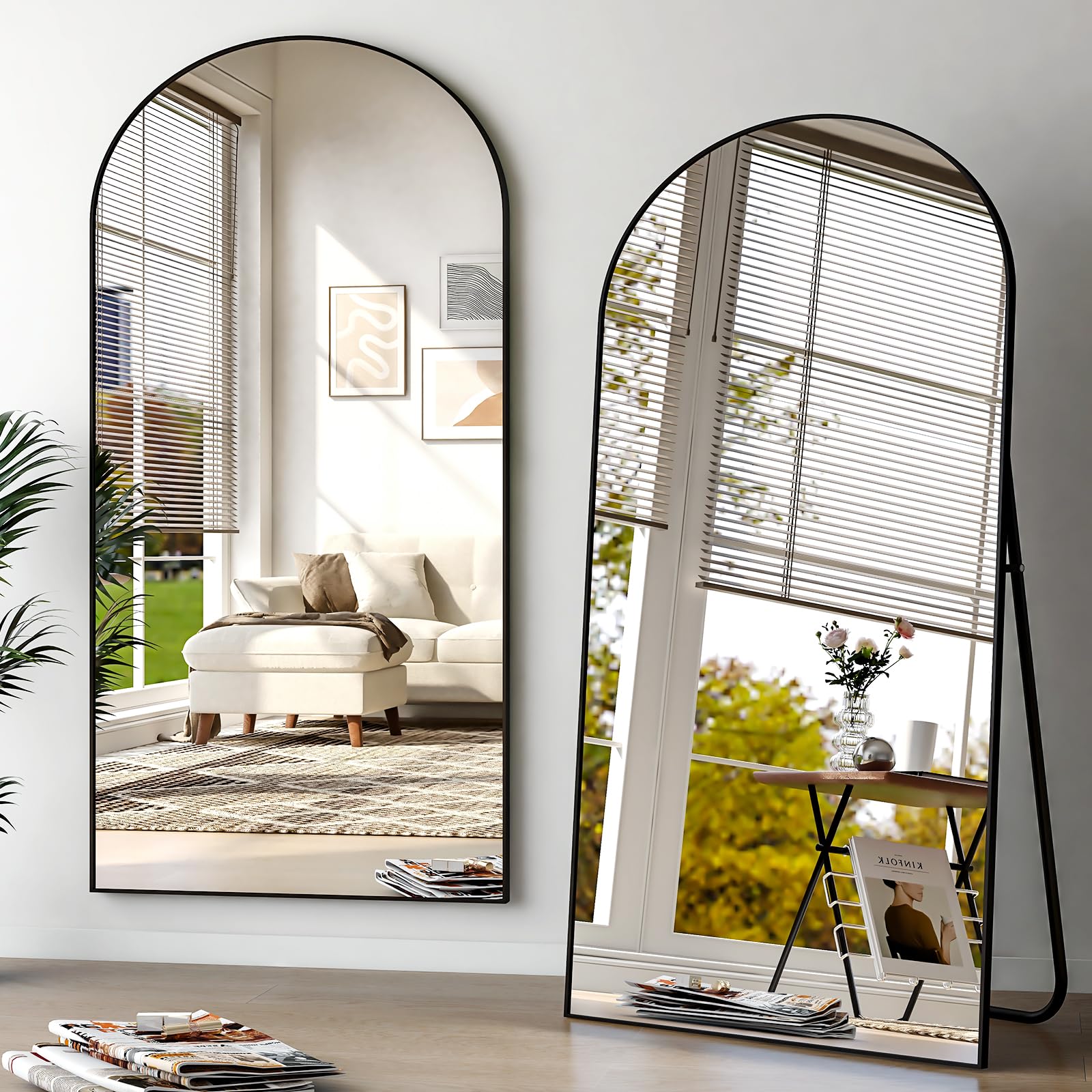 BEAUTYPEAK Großer Bogen Ganzkörperspiegel 218x102 cm, Gewölbter Standspiegel hängend oder lehnend an die Wand, groß Bodenspiegel mit Ständer für Schlafzimmer, Wohnzimmer oder Ankleidezimmer, Schwarz