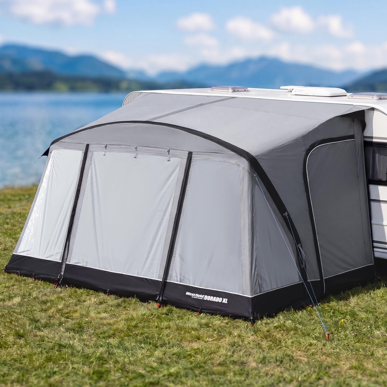 Westfield Outdoors Dorado XL 375 x 250 cm aufblasbares Vorzelt, Wohnwagenvorzelt, Wasserdicht 3000 mm, UV-beständig, Panoramafenster & Moskitoschutz, inklusive Pumpe & Tragetasche