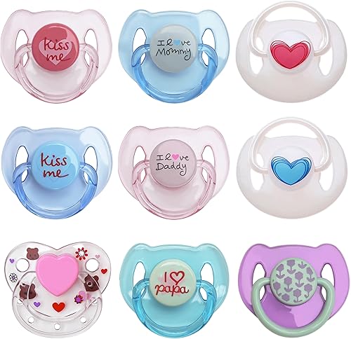 Juego de 9 chupetes magnéticos color rosa, azul, cian morado, para muñecas de bebé recién nacidas, accesorios de juguete de alimentación adecuados