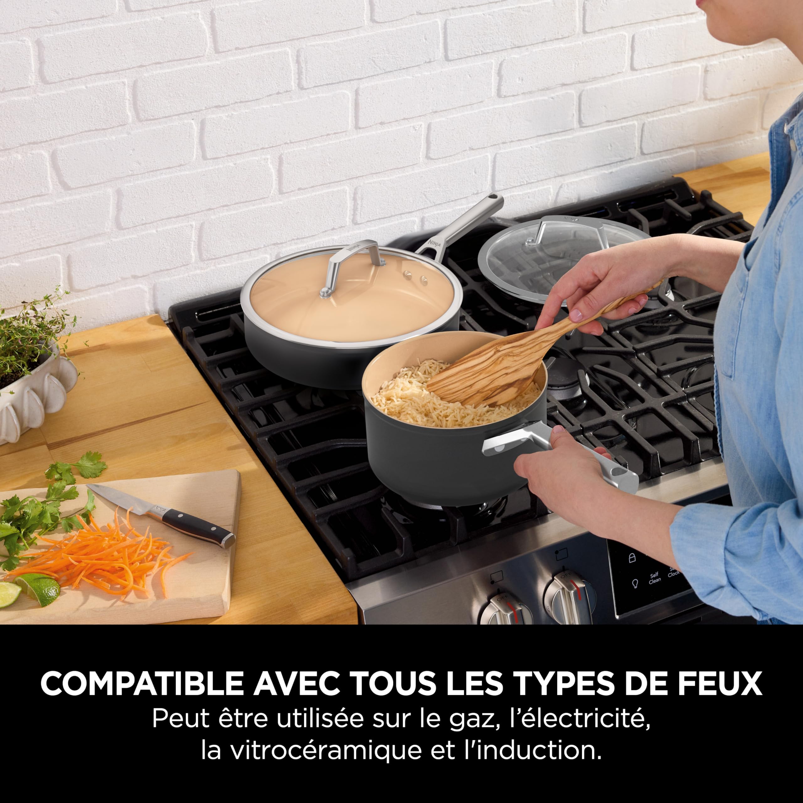Ninja Extended Life casserole en céramique 18 cm avec couvercle CW90218EUI | Antiadhésive, (Sans PFAS, PFOA, Plomb ni Cadmium), Compatible induction et four jusqu’à 285 °C, Terracotta et gris