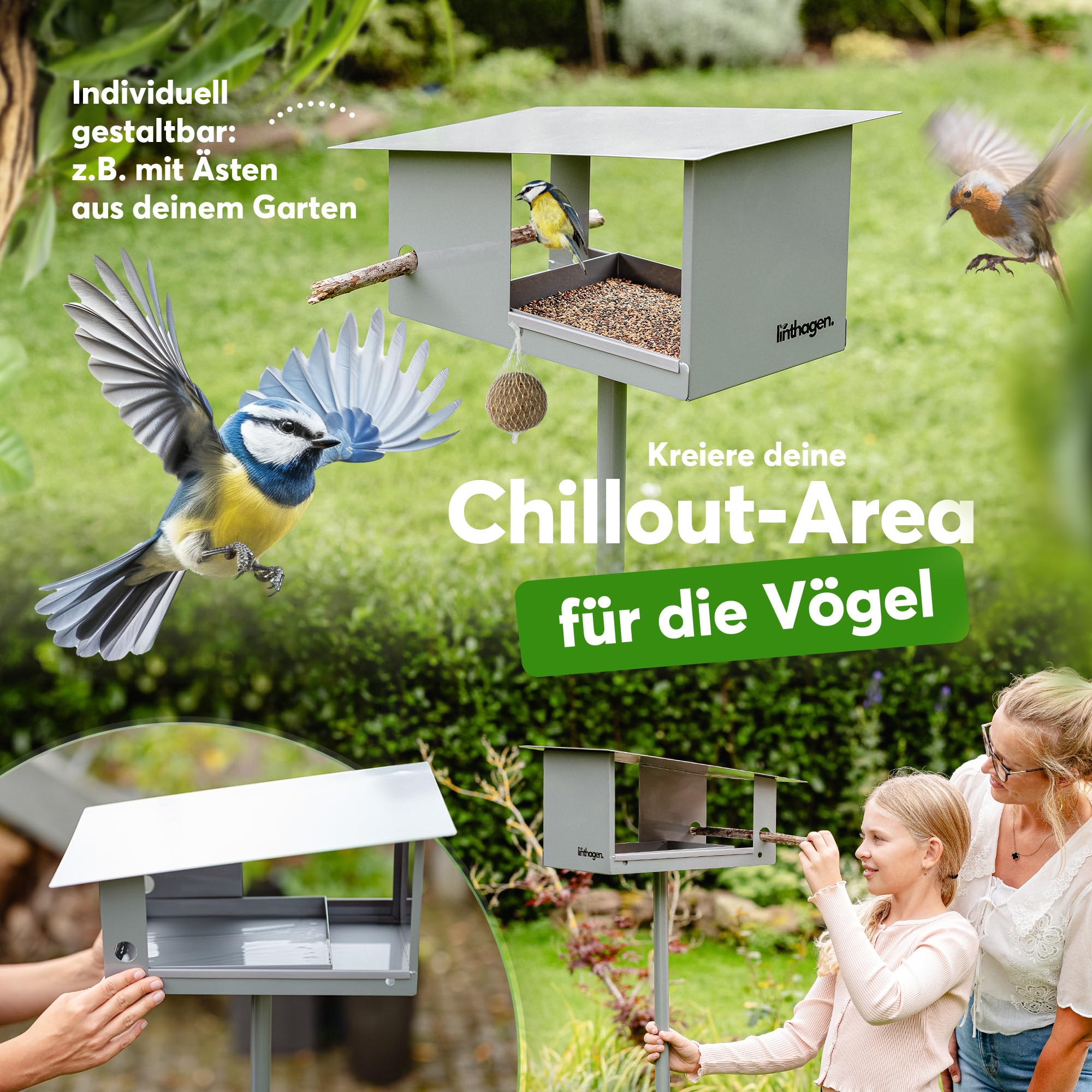 Vogelhaus mit Ständer [wetterfest] - 3-in-1 Futterhaus für Vögel - großes, Robustes Vogelhäuschen, Vogelvilla, Futterhäuschen stehend | Langlebig, wetterfest & leicht zu reinigen | linthagen
