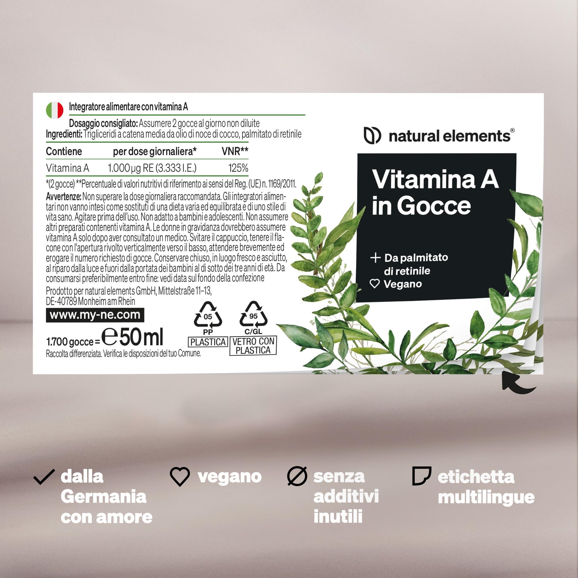 Vitamina A in Gocce – 50 ml (1.700 gocce) – vera vitamina A (palmitato di retinile) – disciolta in olio di cocco MCT – vegana, ad alto dosaggio e elevata biodisponibilità, senza additivi inutili