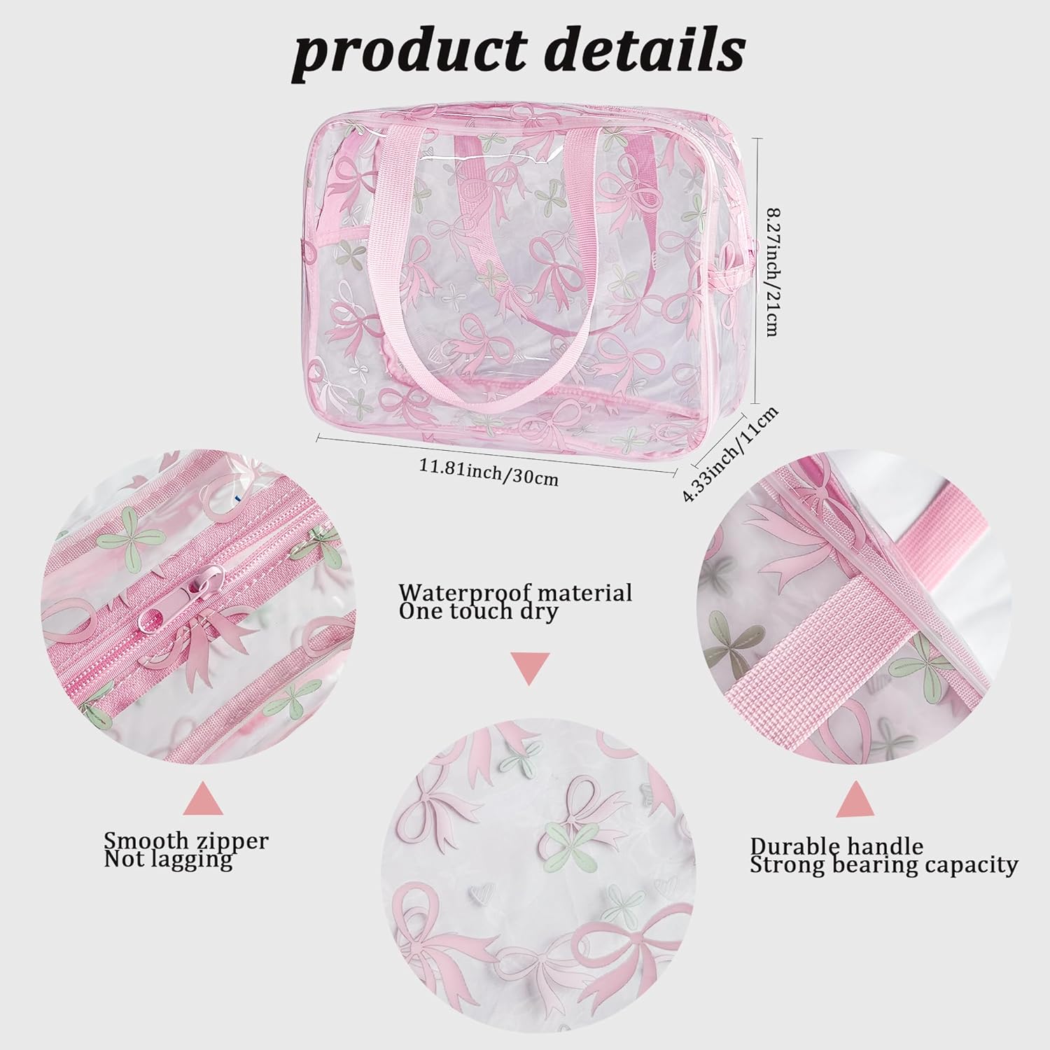Flower Makeup Bag - Clear Printable Vinyl Cosmetic Pouch, Waterproof Small Clear Gift Bags for Travel & Organizer (Pink Bow) - Image 2