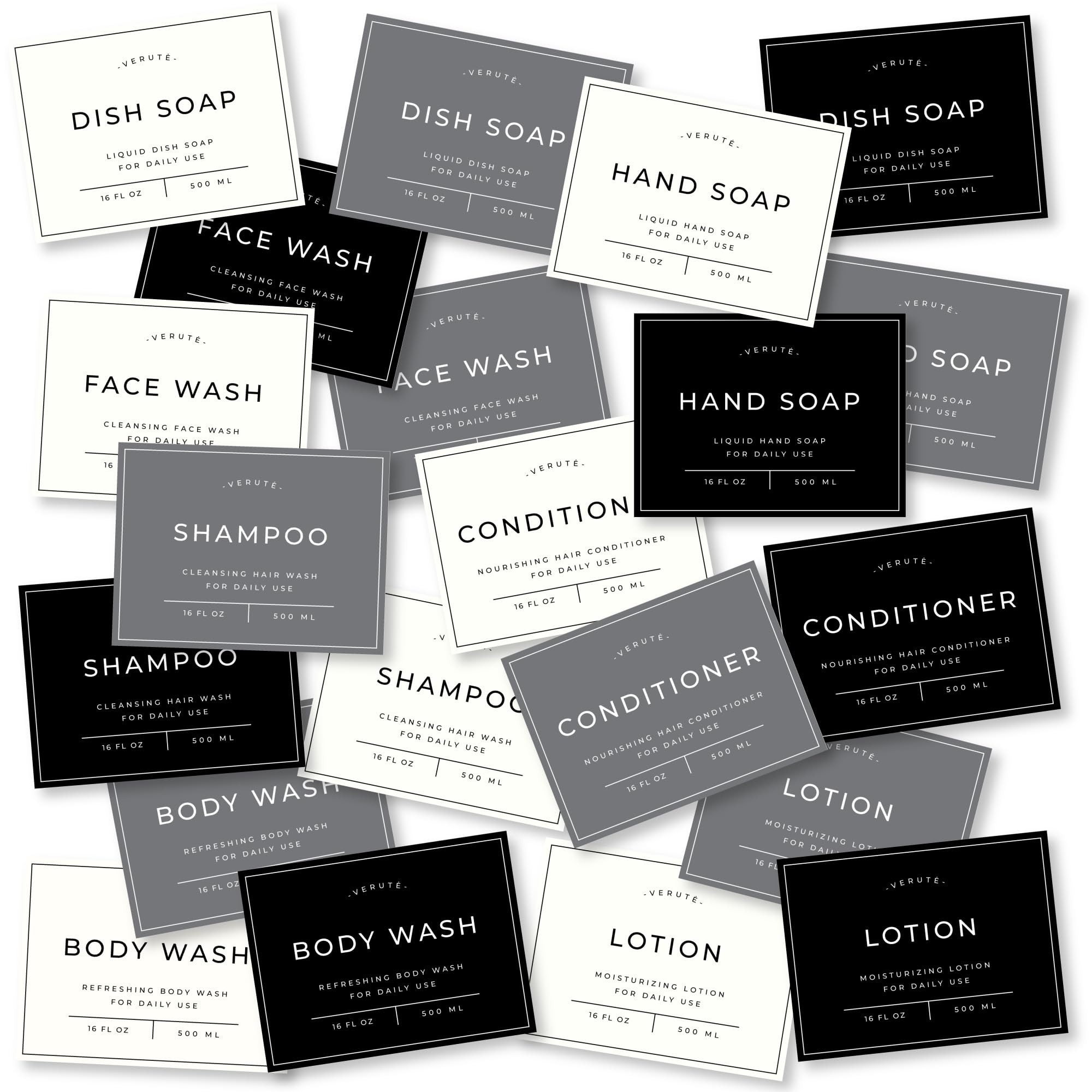 Verute Waterproof Labels for Amber Glass Soap Dispenser and Plastic Bottles 3.15"x2.35" Peel & Stick - Kitchen, Bathroom & Shower Set - 21 Pieces (