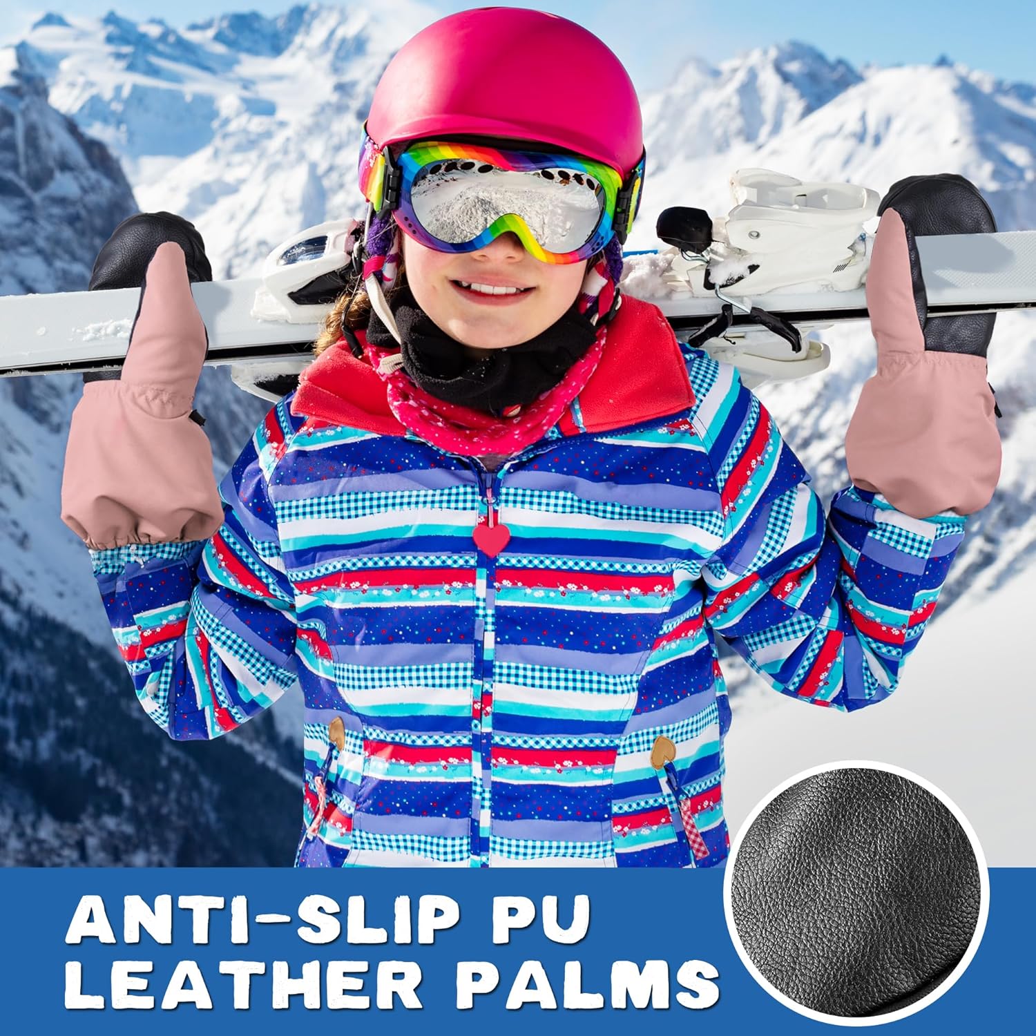 MCTi Kids Mittens Waterproof Winter Ski Warm Sherpa Lined Long Cuff with String - Image 4