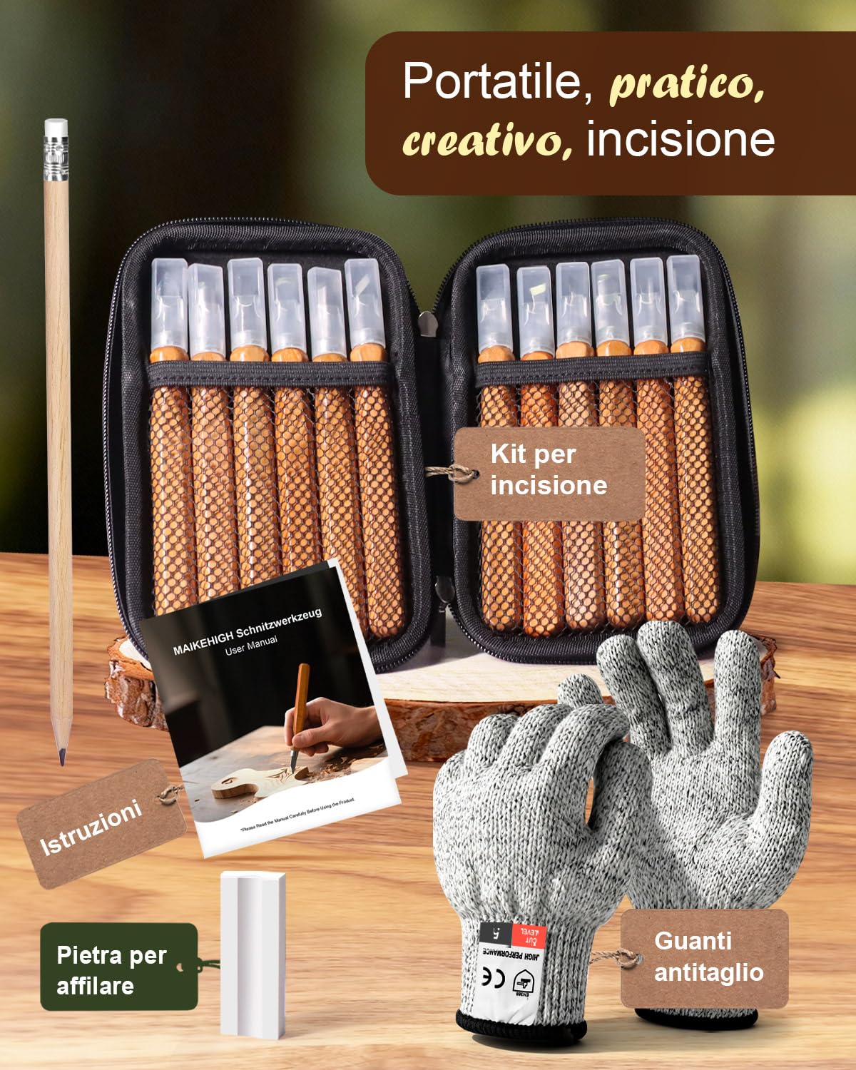 MAIKEHIGH 16pcs Kit Intaglio Legno, Intaglio Legno Cinceles de Talla Per Principianti Professionisti Bambini Scalpelli con Guanti Resistenti Al Taglio