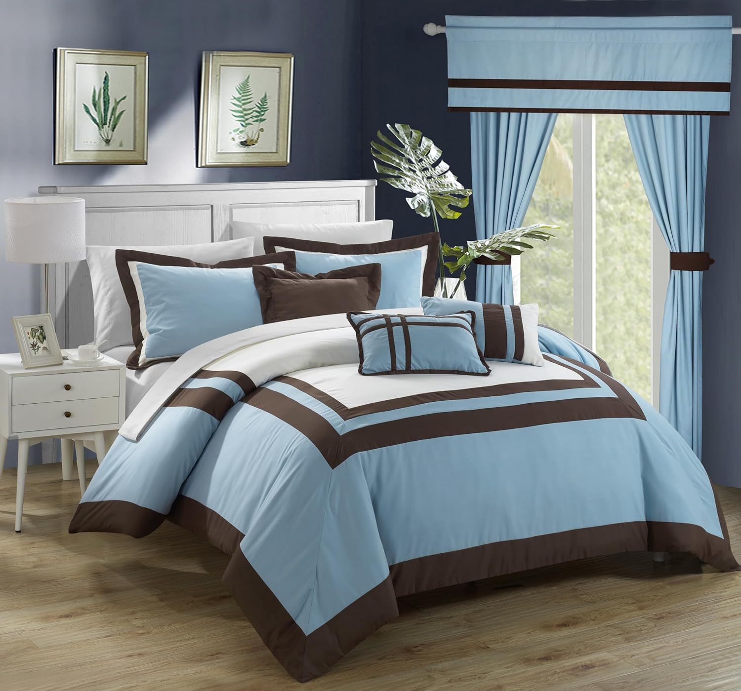 Chic Home CS4111-AN Ritz 20 Piece Comforter Set Color Block Bed in a Bag with Sheets Curtains, King, Blue