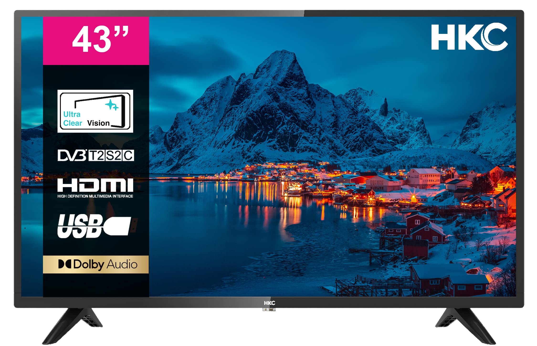 HKC 43F3 TV 43 Pulgadas (Televisores 109 cm), Dolby Audio, Triple Tuner DVB-C / T2 / S2, Ci+, HDMI, USB, Salida de Audio Digital, Modo Hotel Incluido