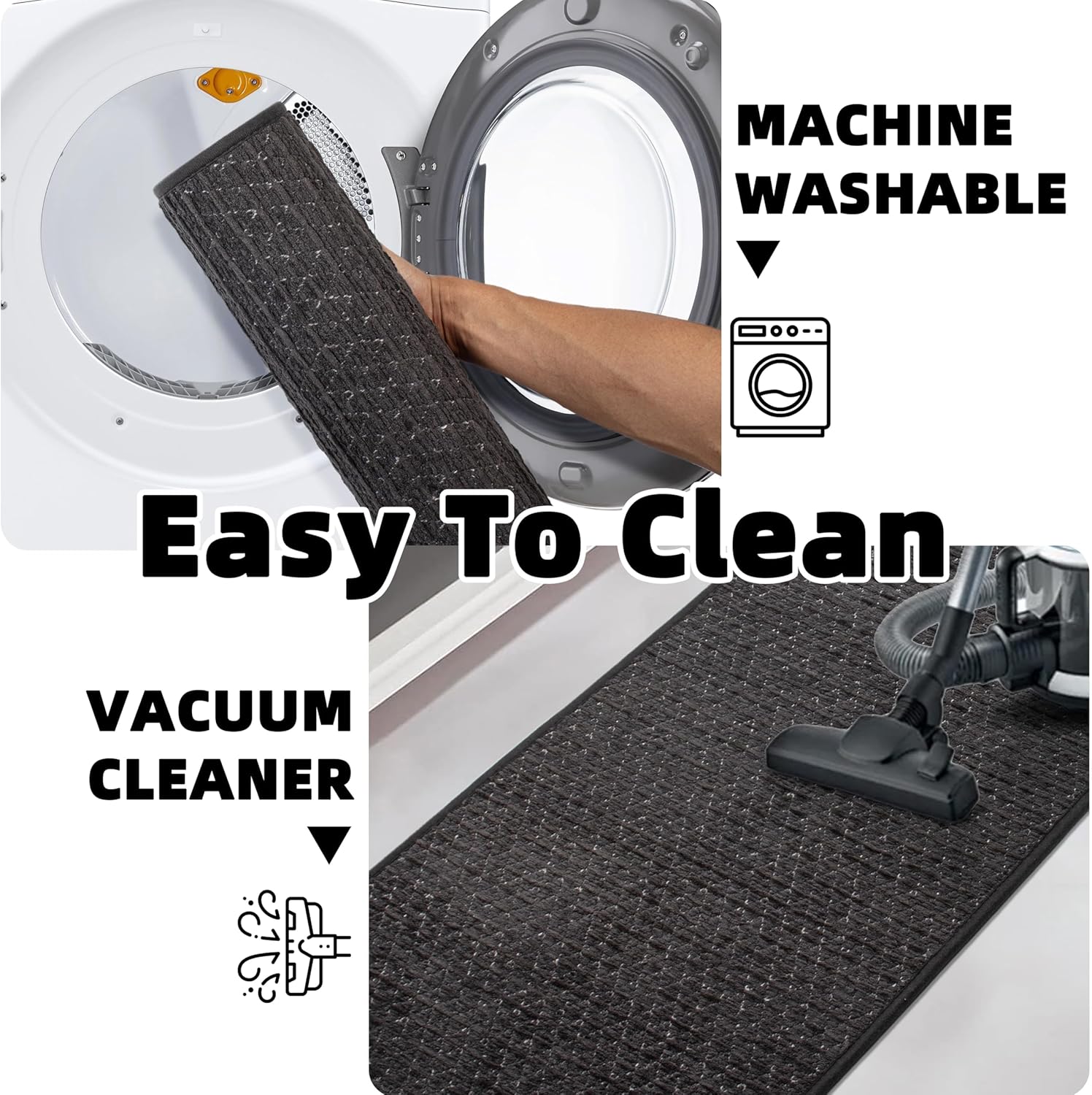 Black Bathroom Runner Rugs Non Slip Absorbent Quick Dry Thin Bath Mat with Rubber Backing, Shower Mats Fit Under Door Floor Bathtub, Easy Care, Machine Washable, 17"x 47", Black