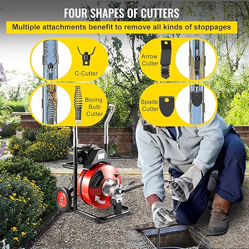 Miniatura 5 de VEVOR Taladro eléctrico de serpiente de alcantarillado de 100 x 12 pulgadas para tubos de 1 pulgada a 4 pulgadas (3.937in), con ruedas, cortadores,