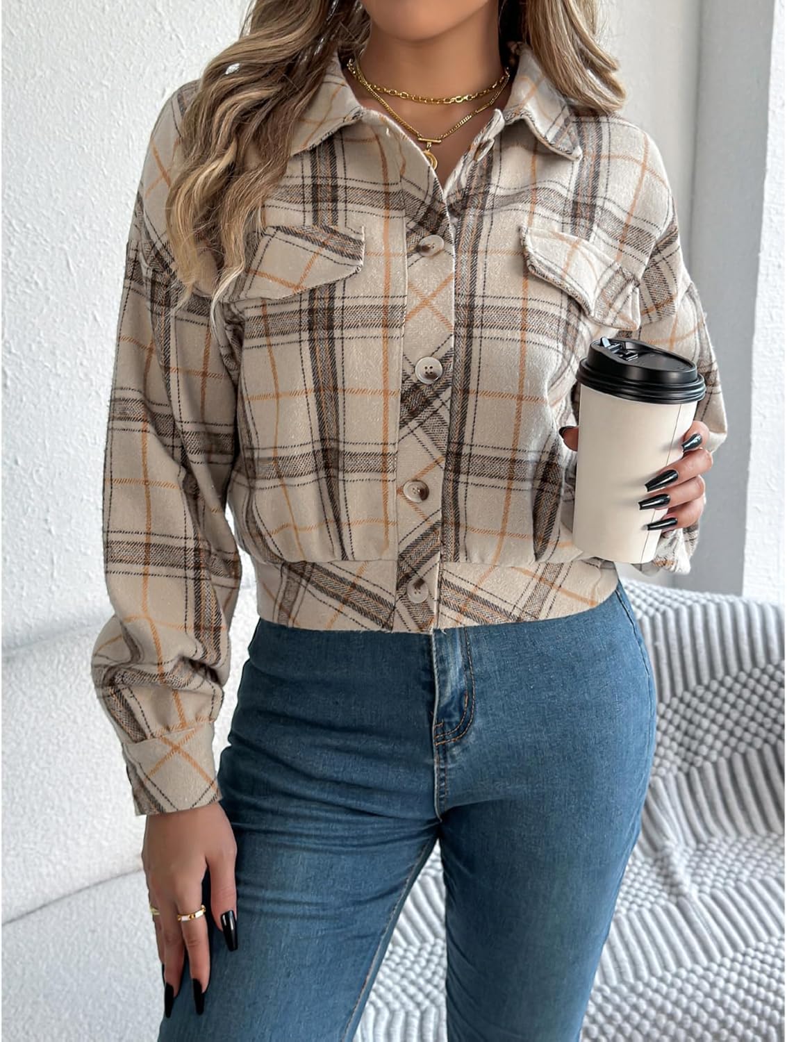 Womens Flannels Fall Cropped Shacket Jacket Fashion Plaid Button Down Shirt Winter Coat Tops