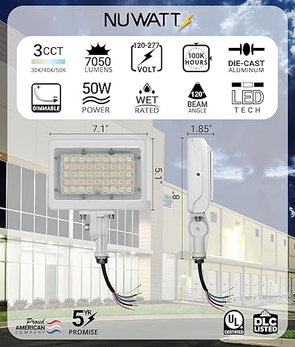 Miniatura 2 de NUWATT Luz de inundación LED de 50 W, 3CCT 3000K4000K5000K seleccionable, iluminación impermeable IP65, montaje de nudillo ajustable de 12 pulgada,