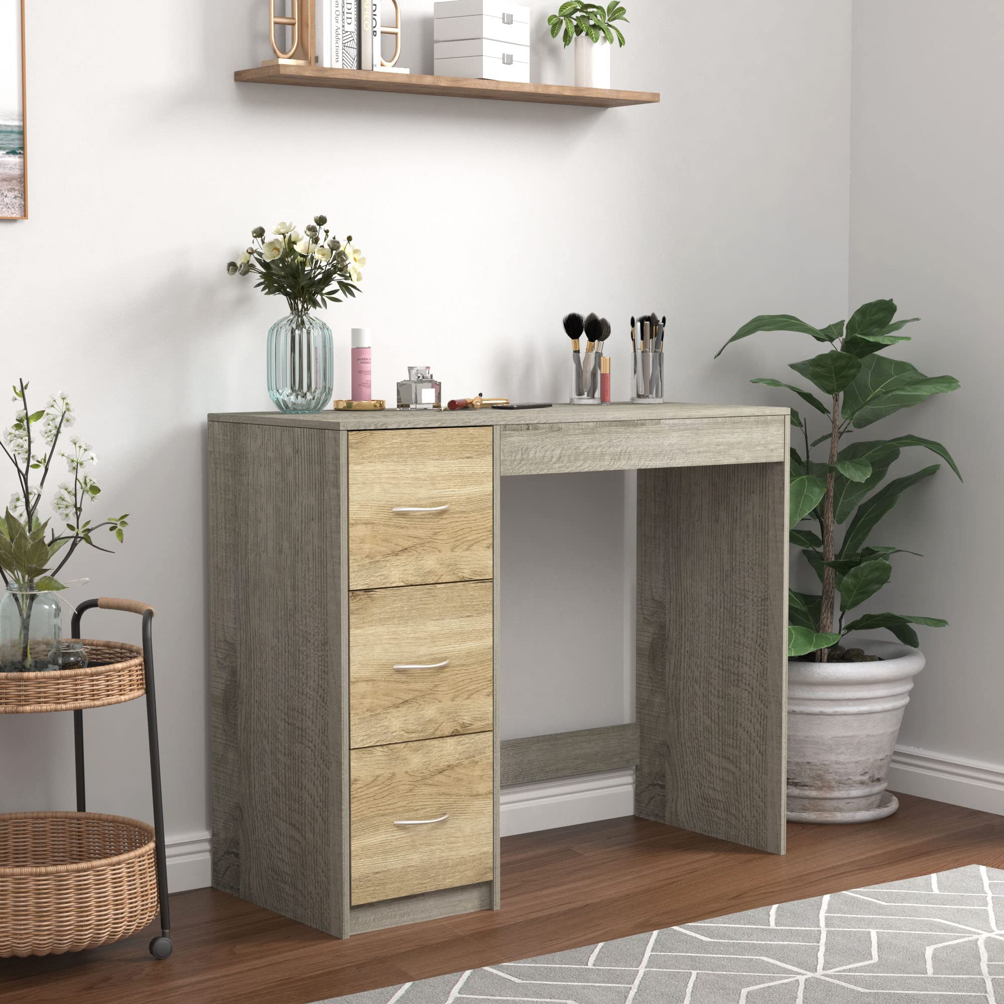 URBNLIVING 3 Drawer Wooden Bedroom Dressing Table (Ash Grey Carcass + Oak Drawers)
